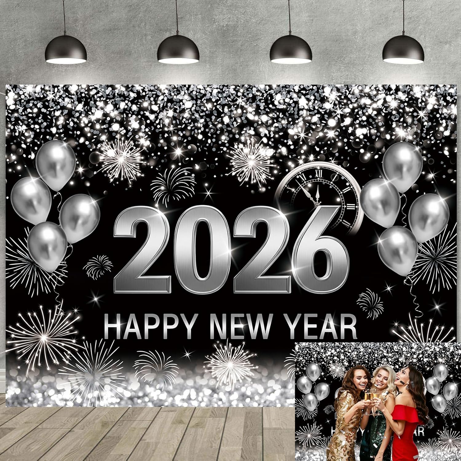 Happy New Year Backdrop 2026 Black Silver New Years Eve Photography ...