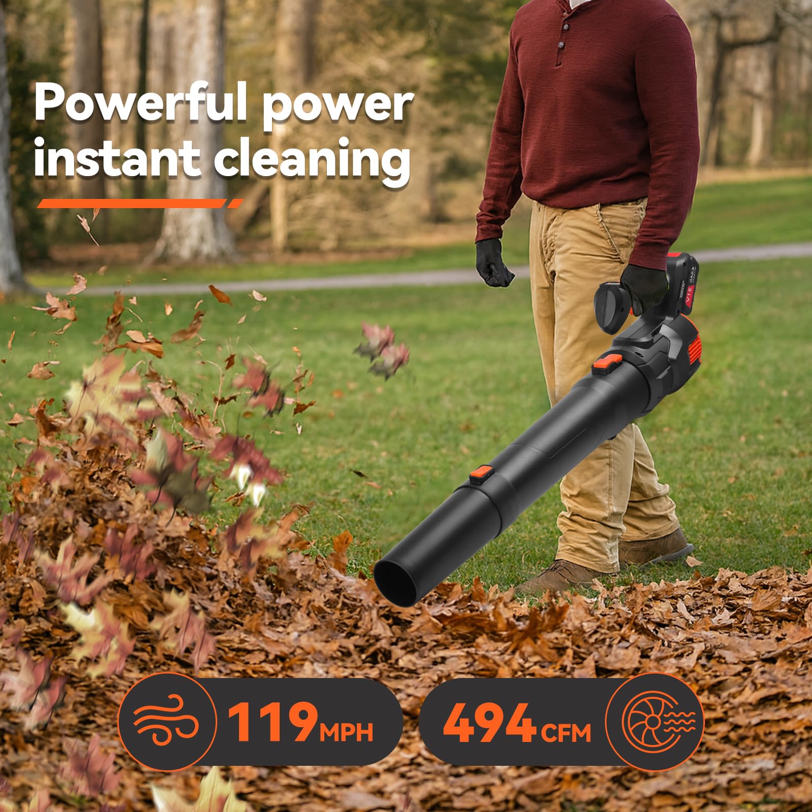 Soplador de Hojas a Batería 21V con 2 Baterías 4000mAh, 3 Velocidades,119MPH 494CFM, con Tubo Recto y Curvo, Soplador Bateria para Jardín, Patio y Hogar