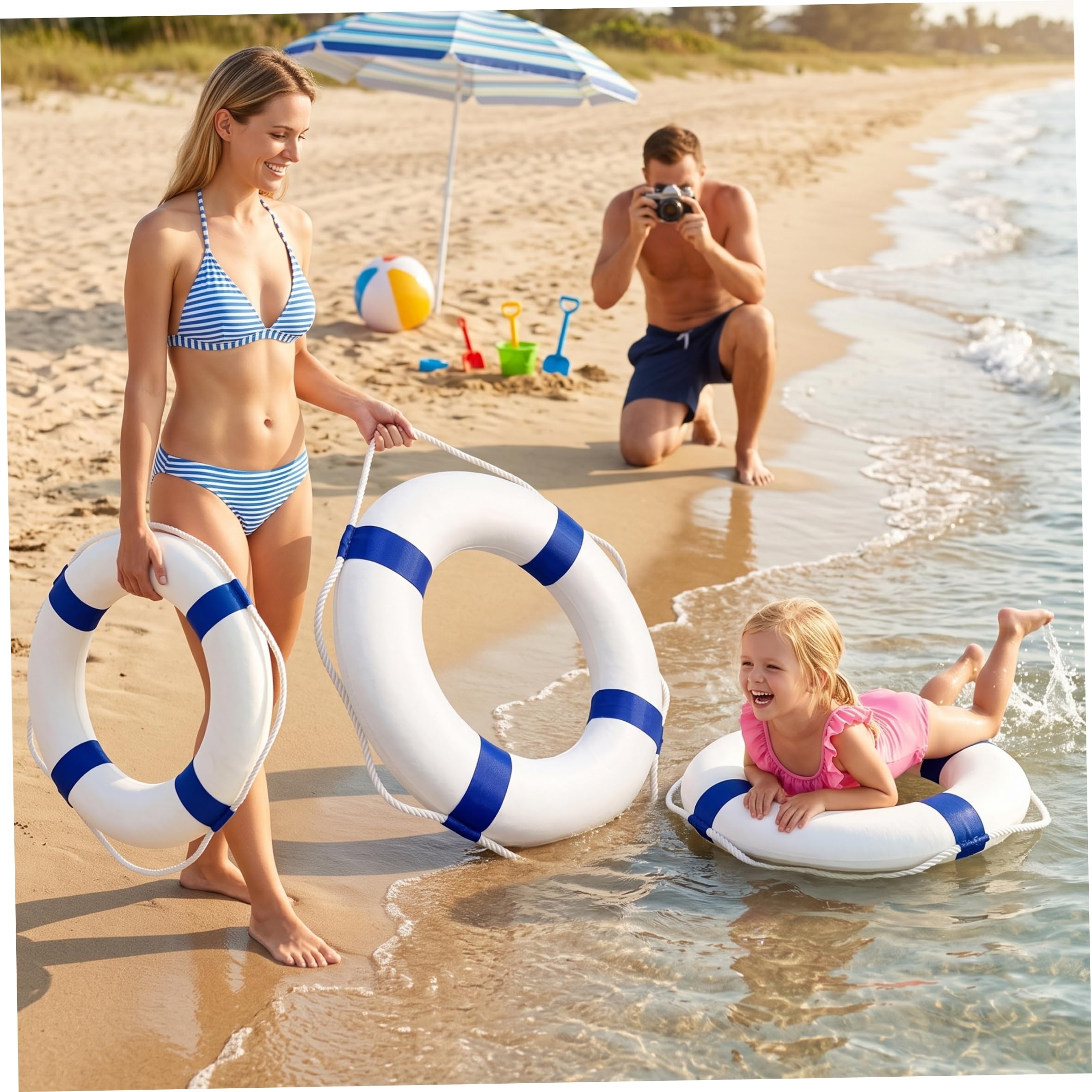 Anillo de Seguridad para Piscina, Salvavidas para Piscina sin inflar para Playa, Azul y Blanco.