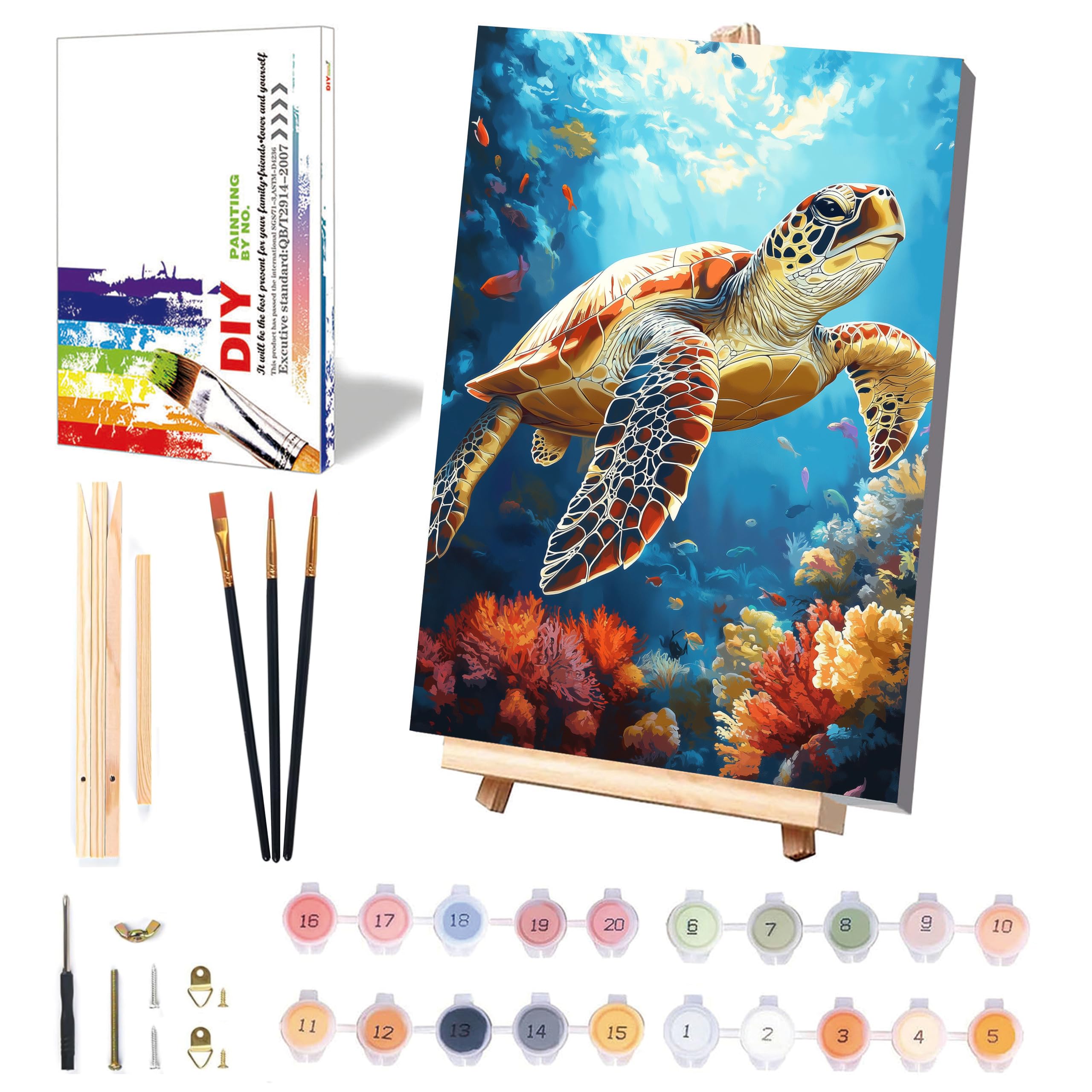 Turtle Paint by Numbers for Adults with Framed Canvas & Wooden Easel, Sea Turtle Adult Painting by Number Kit on Canvas, DIY Acrylic Oil Painting Kit with Brushes for Home Wall Decor 8x12 inch
