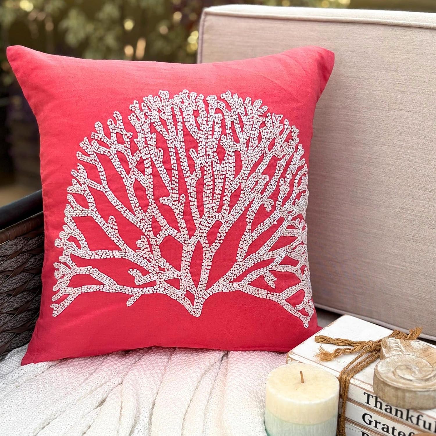 The HomeCentric Euro Sham, Coral Pink European Pillow Shams 26x26 inch (65x65 cm) Linen Euro Sham Covers, Nature & Floral, Sea Weeds, Coral, Tree, Beaded, Contemporary Euro Pillow - White Forest