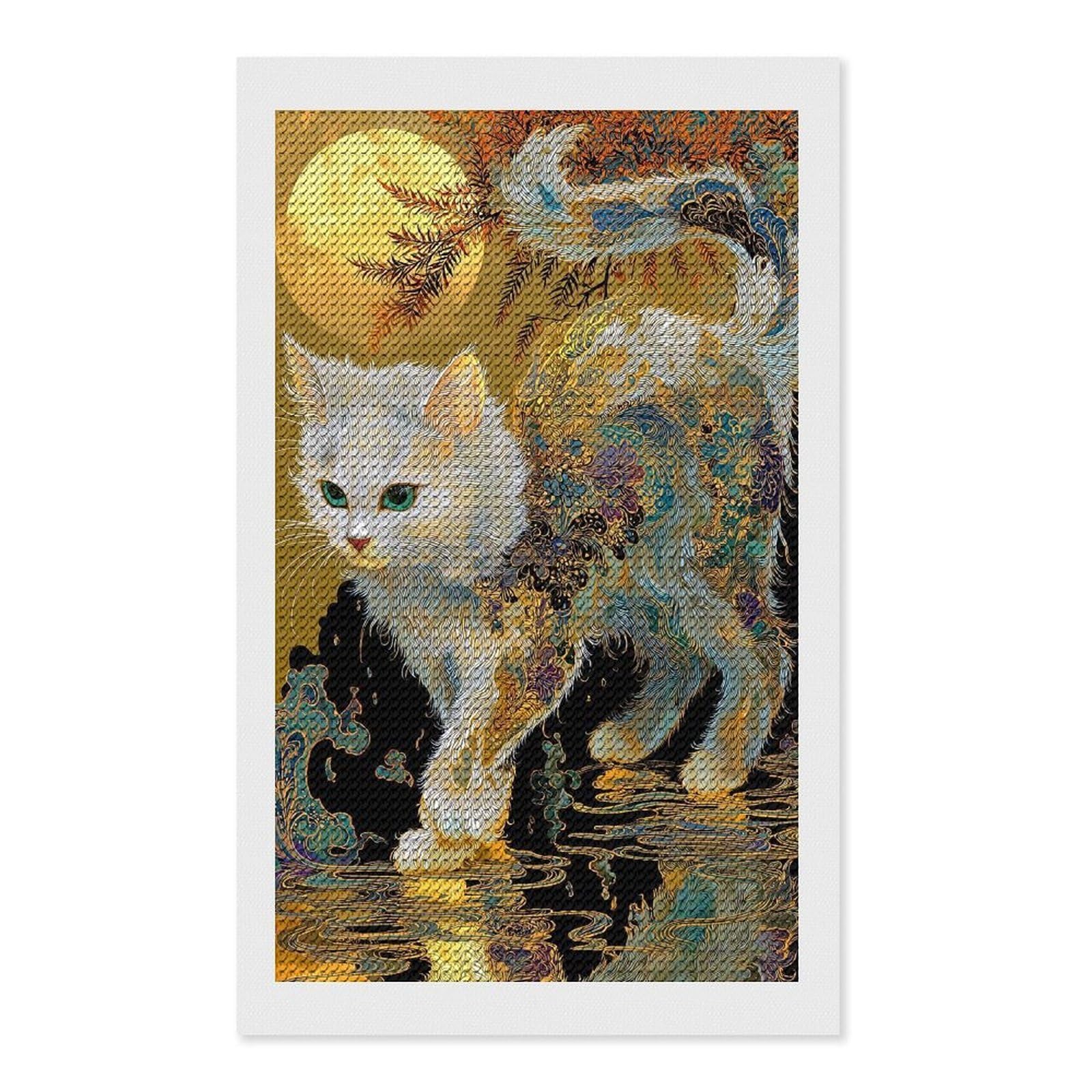 Junmoney Ornate Cat Under Moonlight Crystal Diamond Art Kit 12"x20", Stress Relief Craft, Decorative Artwork, Vintage Style Decor, Birthday Gift