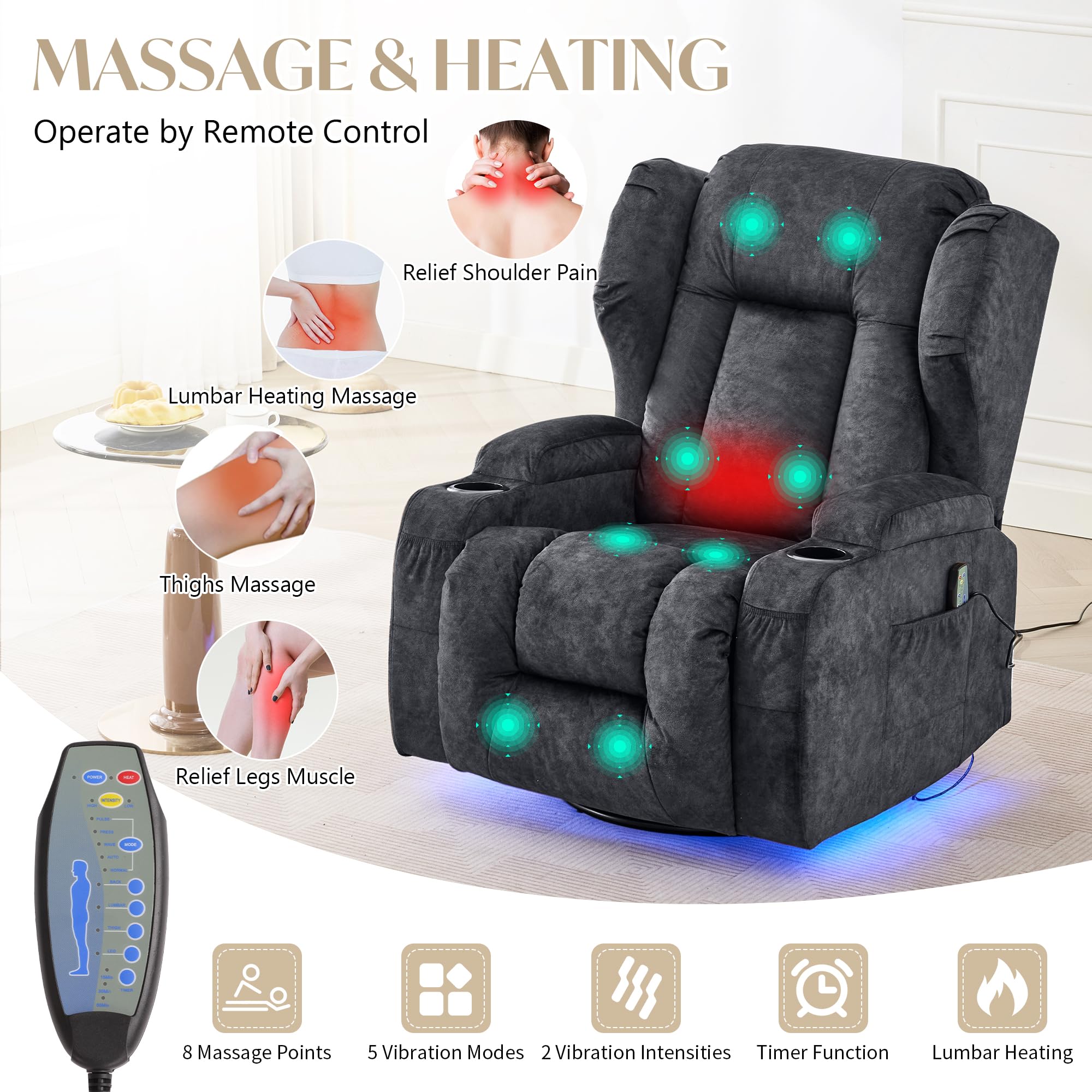 SAMERY Doppelmotor Fernsehsessel Elektrisch Verstellbar, Samt Relaxsessel mit Liegefunktion, 240° Drehbar, 30° Wippbar, Massage Heizung, USB/USB-C/LED – Kinosessel TV Sessel Sofa Chair für Wohnzimme