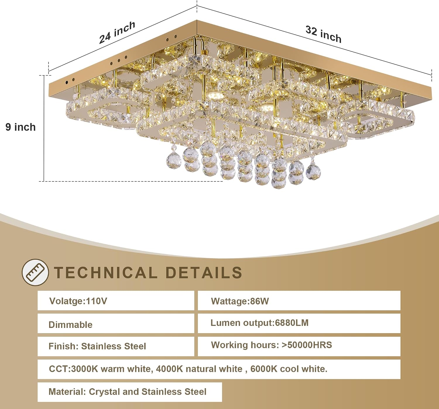 32 inch Flush Mount Chandelier Crystal Ceiling Light with Remote Control/APP, 3CCT Dimmable&Brightness Adjustable, Modern Crystal Raindrop Gold Chandeliers for Bedroom Hallway Dinning Room Living Room