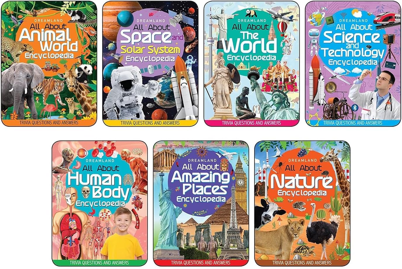 Children encyclopedia books pack for age 5 - 15 years- all about trivia questions and answers | animals world, space and solar system, the world, ... human body, amazing places, nature