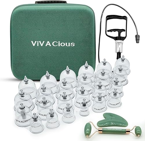 ViVACious Kit de ventosas para terapia de masaje, juego de 24 tazas de terapia de masaje Juego de terapia profesional de ventosas con herramienta