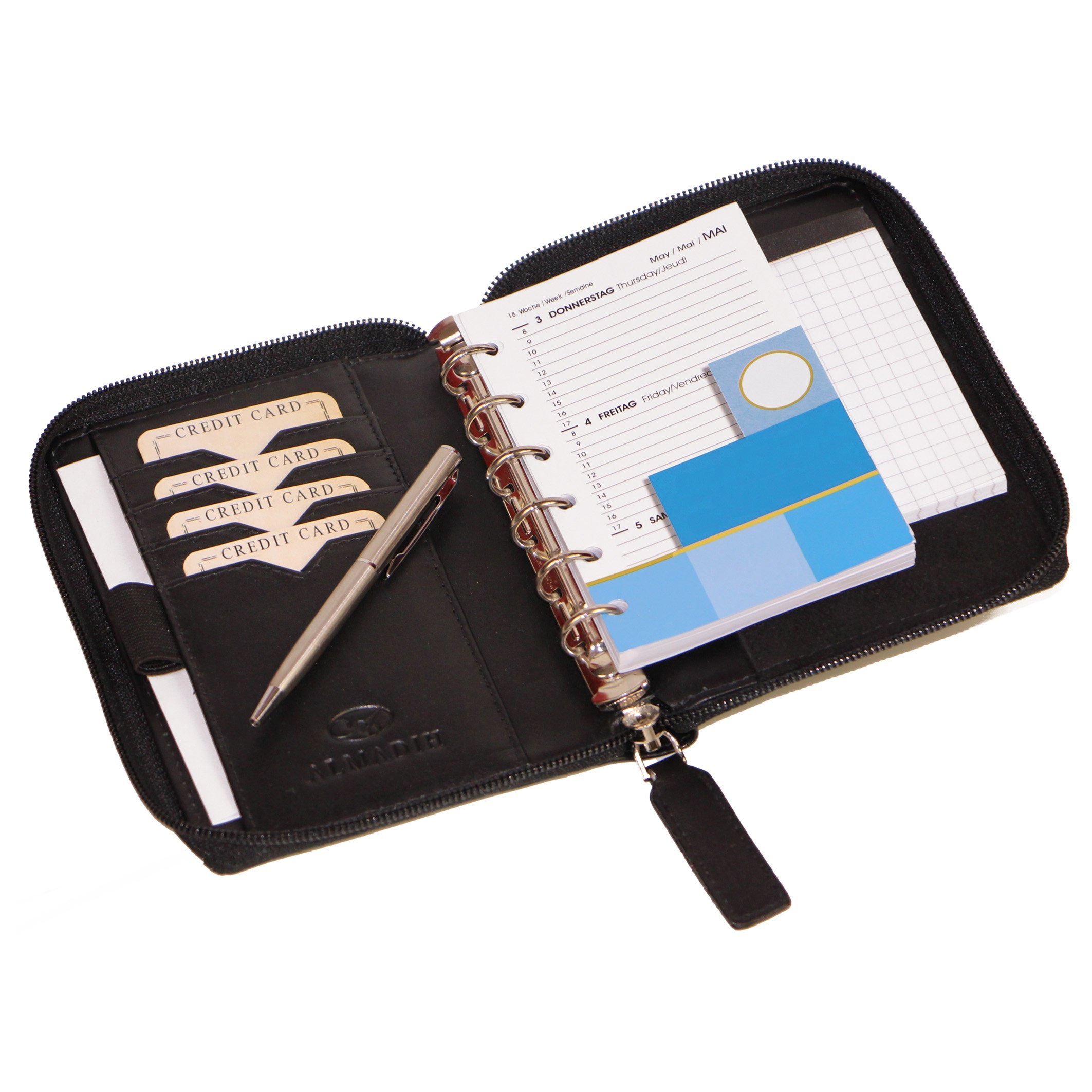 ALMADIH organiseur A7 en cuir calendrier 2025 noir – Agenda personnel Portfolio