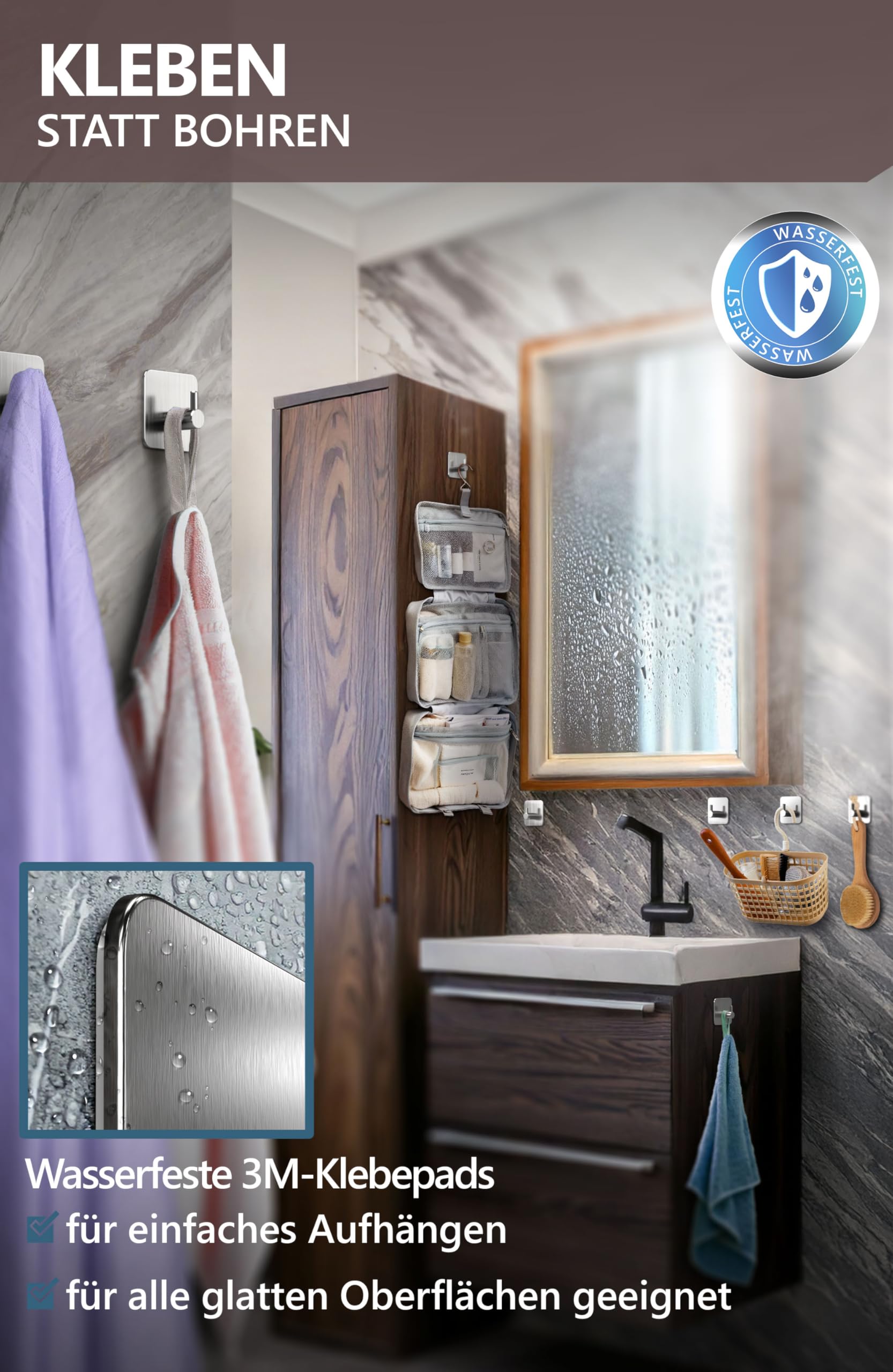 6 Handtuchhalter Ohne Bohren - Selbstklebend, Edelstahl Schwarz, Bis 10kg Belastung