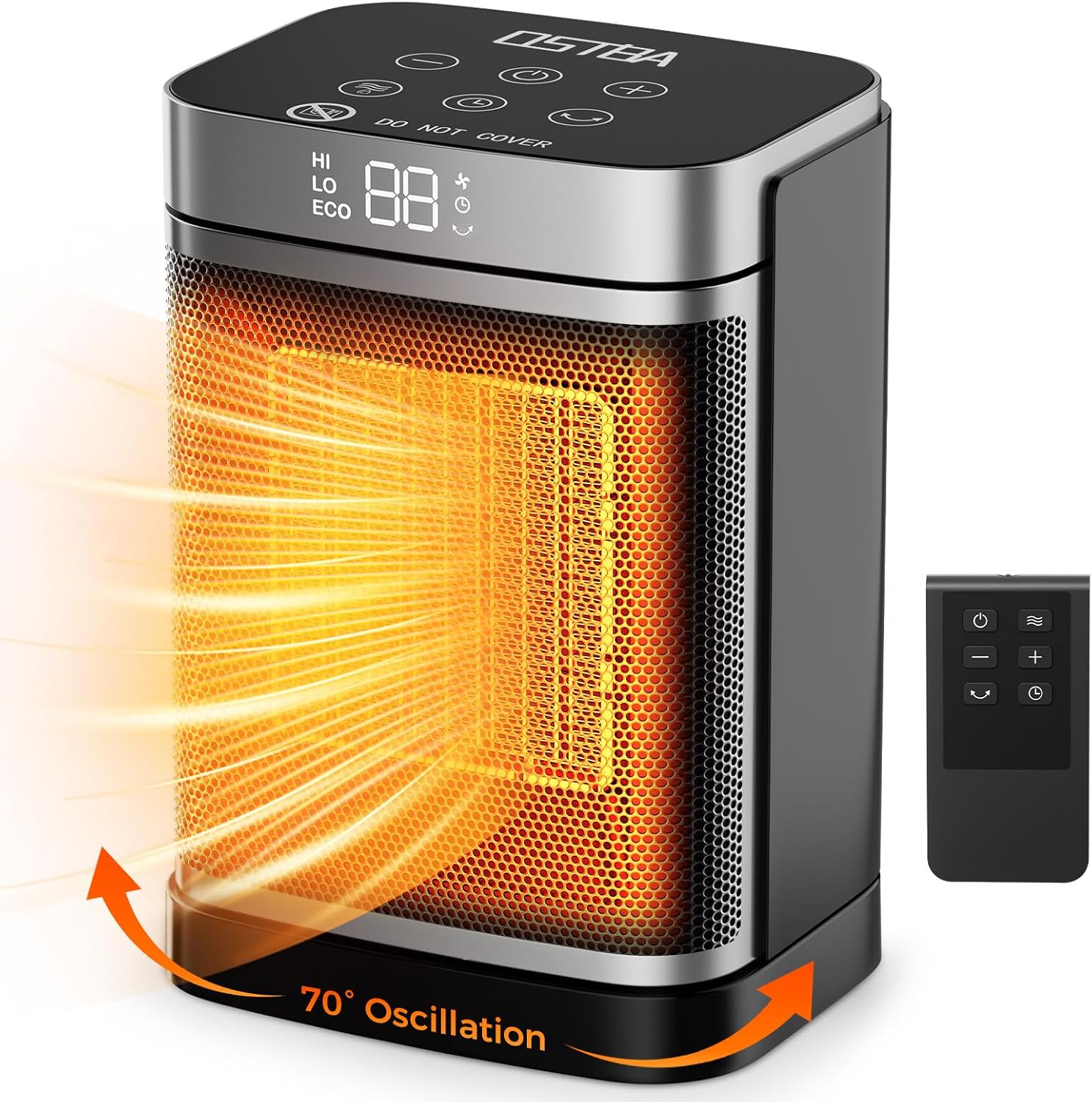 Angled view of the OSTBA PTC-907B heater demonstrating its 70° oscillation feature, with arrows indicating the movement of warm air.