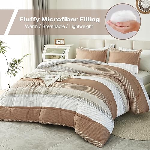 Miniatura 5 de Litanika Juego de edredón tamaño Queen, color beige, 3 piezas, ligero, color gris pardo, caqui, blanco, a rayas, esponjoso, juego de cama para todas