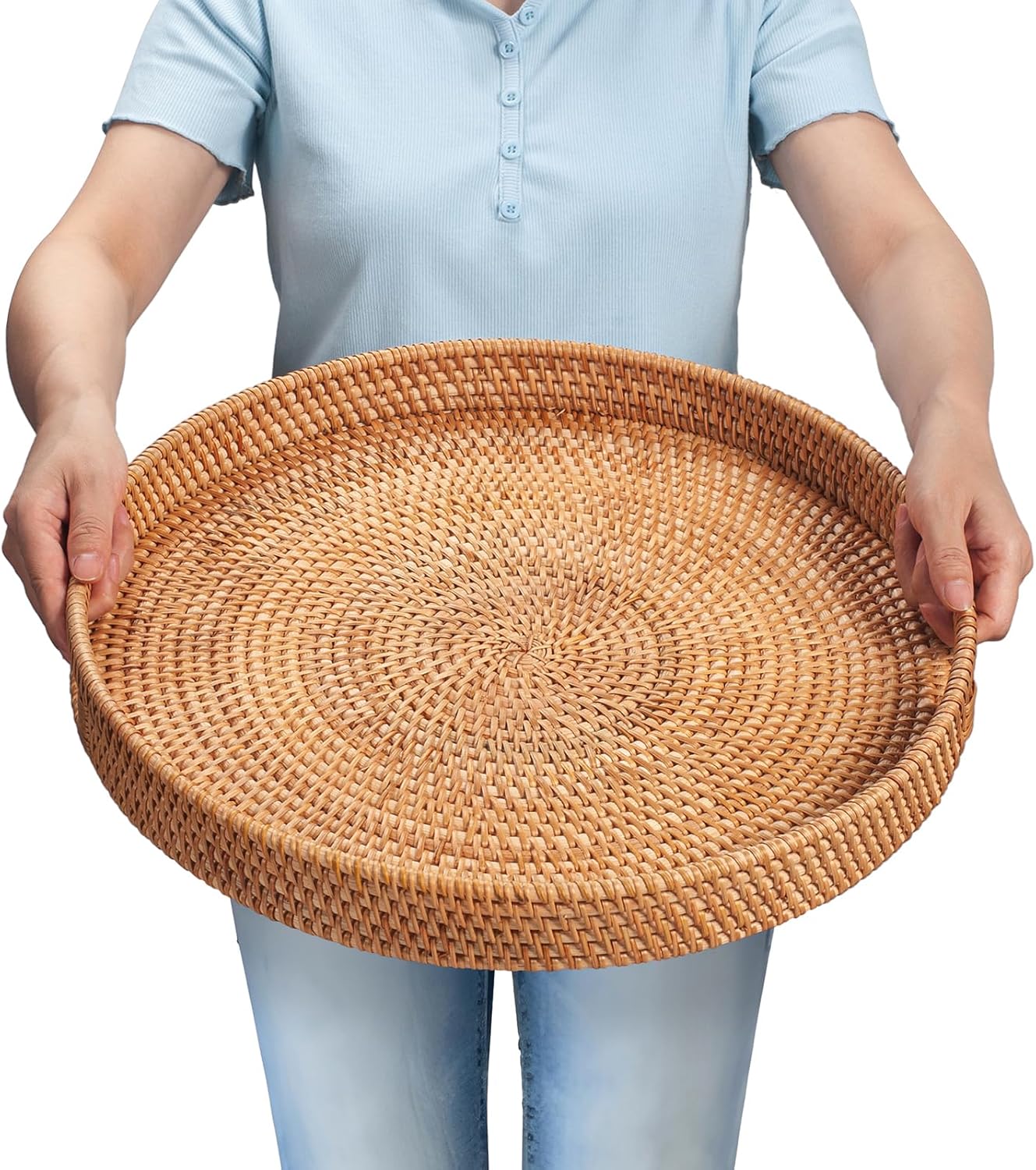 Rattan Serving Tray, Wicker Round Fruit/Bread Serving Basket, Extra Large Decorative Ottoman Tray for Living Room, Coffee Table, Breakfast, 16.9 inch 16.9" Natural 1