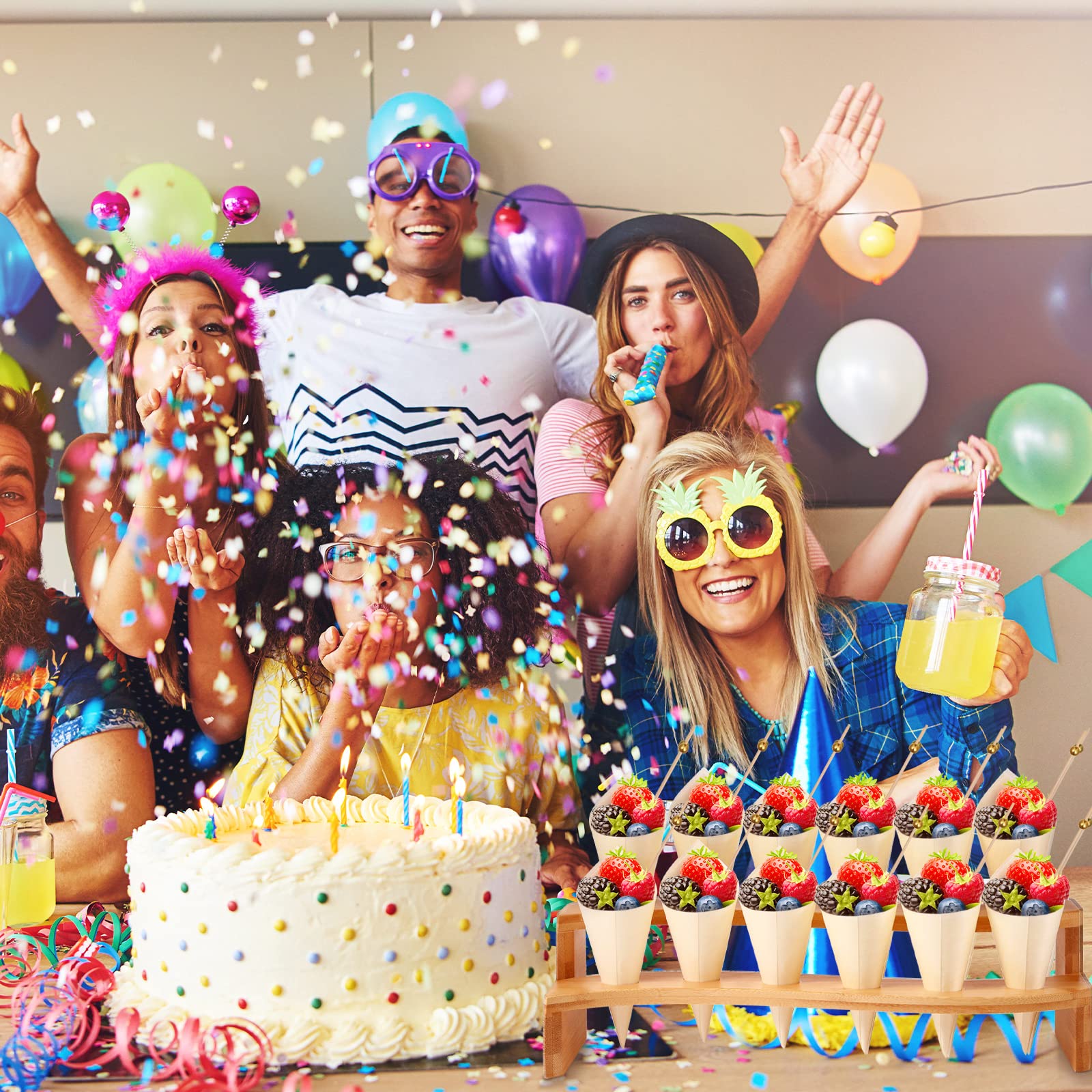 Potchen 150 Pcs Disposable Wood Cones Wooden Food Cones with 12 Holes Ice Cream Cone Display Stand Cone Holder 150 Pcs Toothpicks