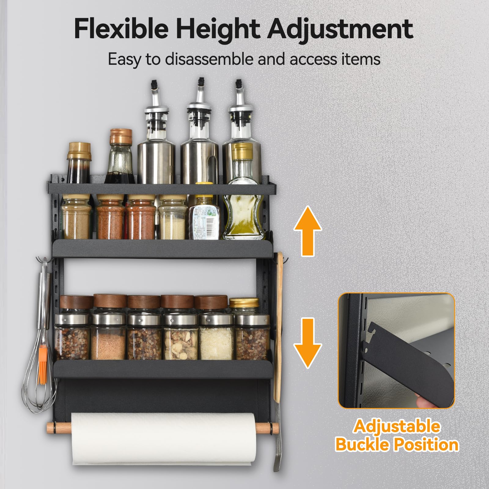 OTraki Scaffale Portaspezie Magnetico per Frigorifero, 2 Ripiani Organizer Cucina Senza Foratura Carico Massimo 8 Kg, Portaspezie Da Parete in Acciaio Inox con Porta Rotolo da Cucina e 4 Gancio