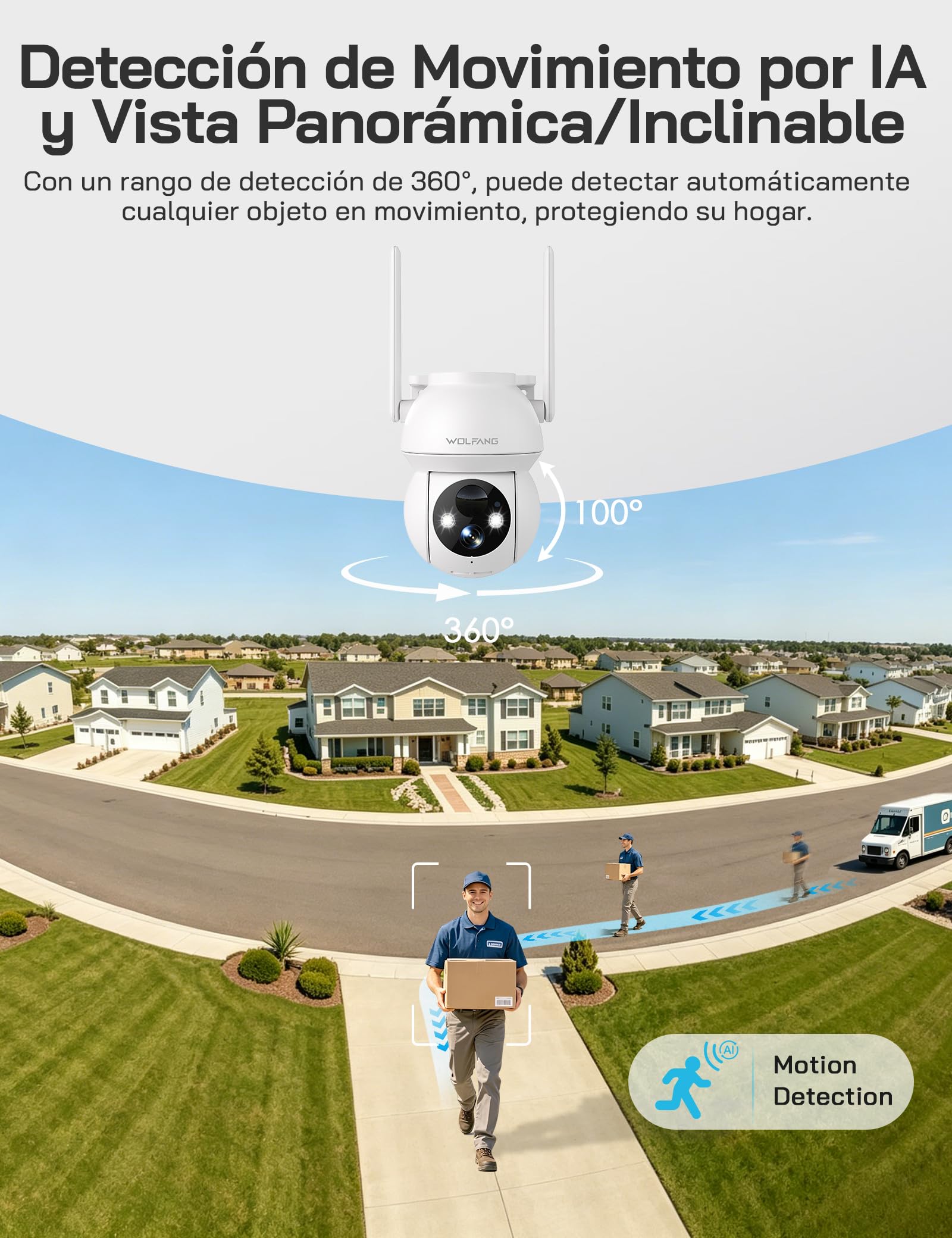 WOLFANG Cámara de Seguridad Solar 1080P para Exteriores, cámara WiFi PTZ de 360° (Solo 2.4G), detección de Movimiento PIR, visión Nocturna a Color, Audio bidireccional, IP65, Funciona con Alexa y