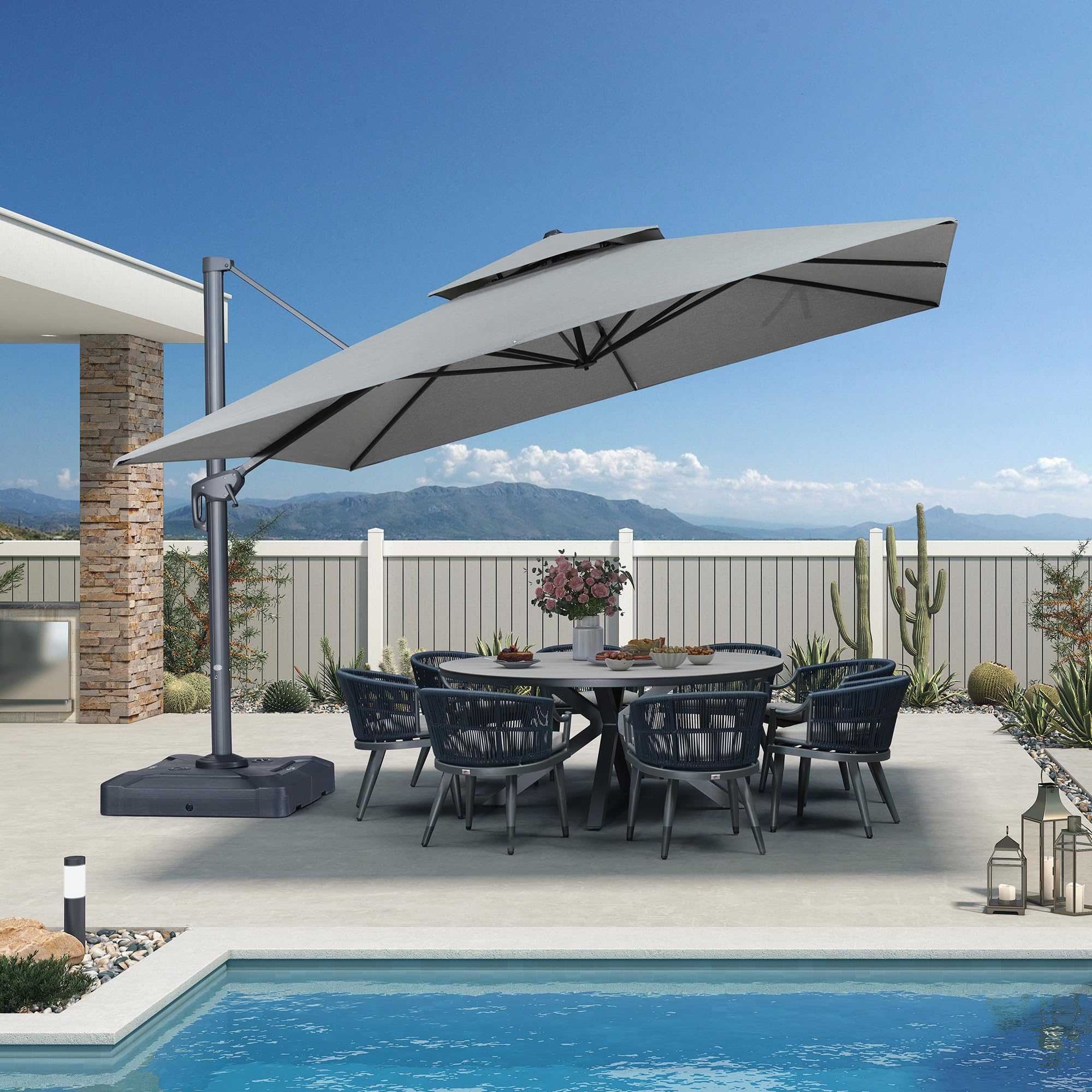 gray chevron patio umbrella PURPLE LEAF 12 FT, Double Top, Thick Pole, Pebble Grey inviting outdoor atmosphere. Color:Moss Green Heather Solar-Powered LED Light 11 gifts-type:Decor