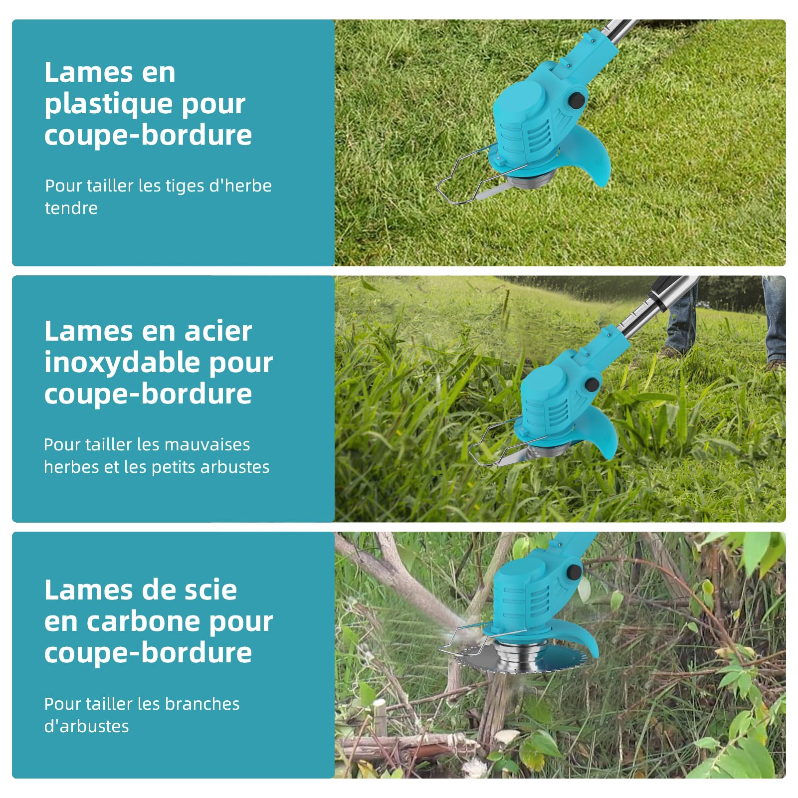 Débroussailleuse Électrique sans Fil, 21V Coupe Bordure sans Fil avec Batterie, Équipé de 2 Batteries 2.0Ah, 4 Lames Efficaces et Poignée Réglable, pour la Maison, la Cour, Le Jardin