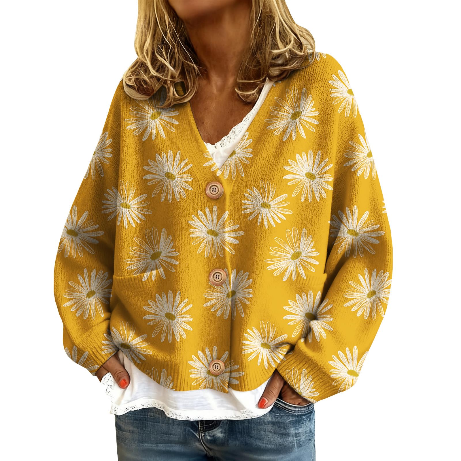 Floral Cardigans Women Cropped Open Front Cardigan Sweaters Trendy Cute Daisy Fall Button Up V Neck Sweater