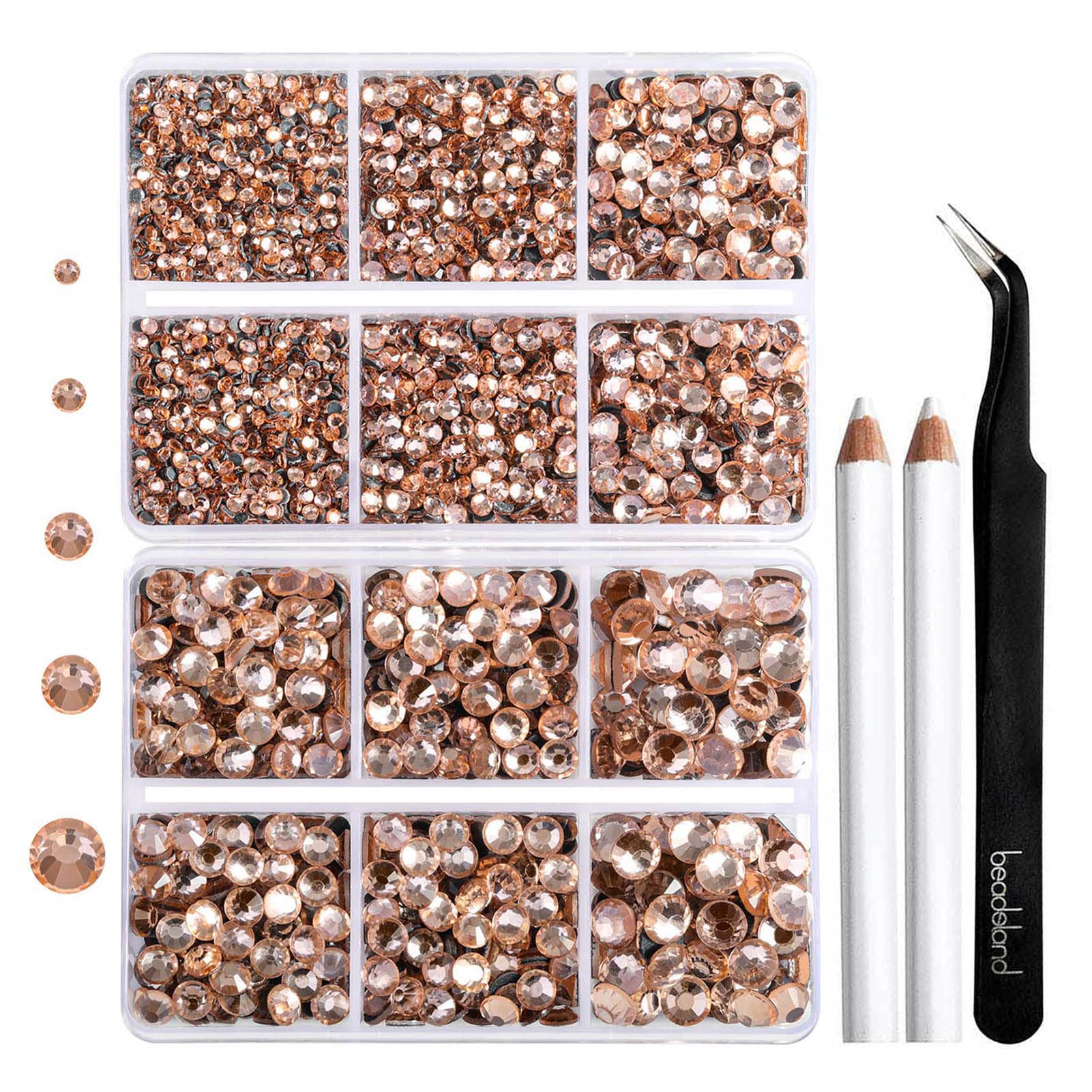 6736pcs Hotfix Rhinestones Flatback,Light Peach Rhinestones for Crafts Clothes Mixed 5 Sizes, Hotfix Crystals with Tweezers and Wax Pencil Kit, SS6-SS30,Champagne — image 1