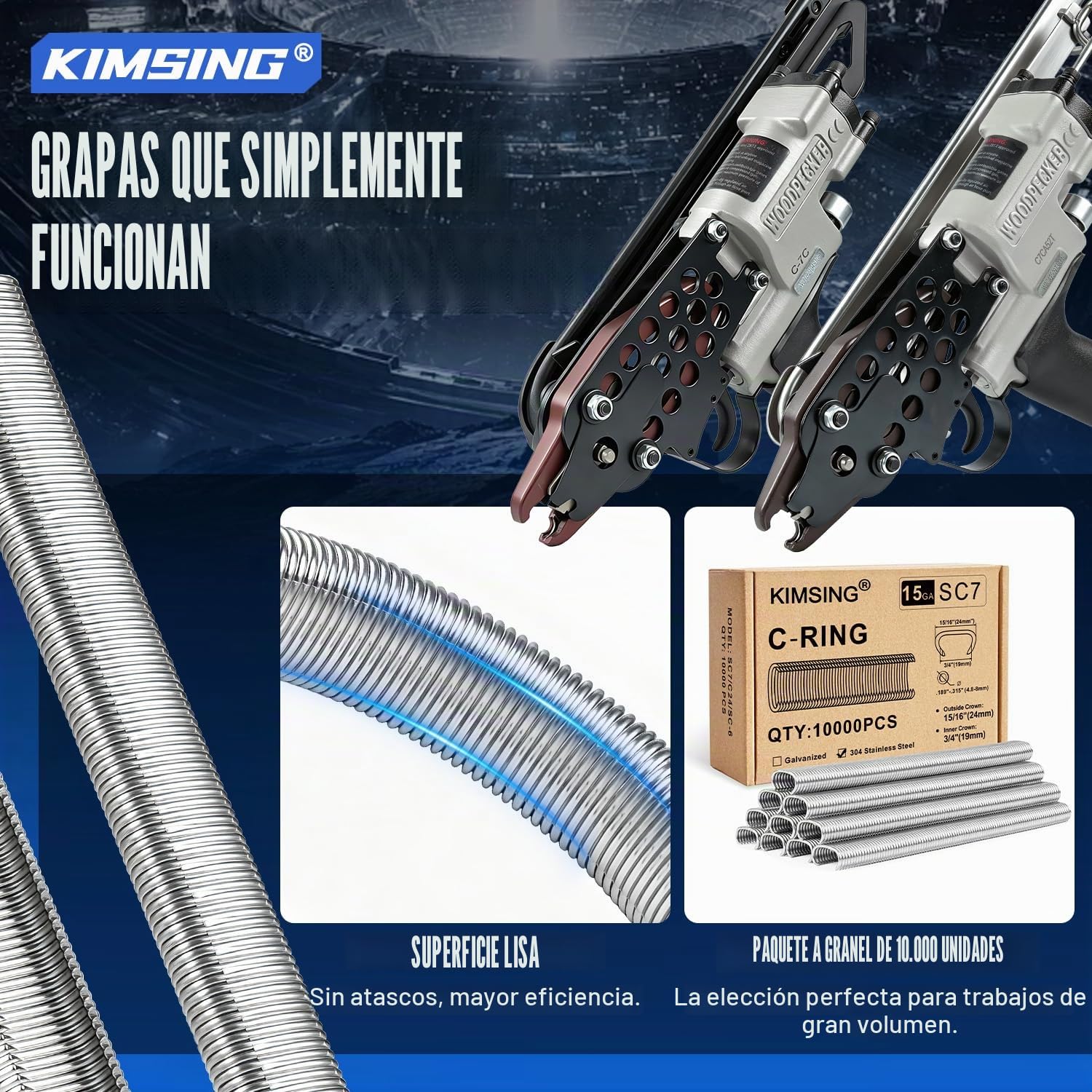Kamsin K-SC7E Herramienta neumática de anillo de cerdo de calibre 15 con nariz larga, grapas de anillo de cerdo de corona de 3/4 pulgadas (grapas 304SS SC7 (10,000 piezas/caja)) | Corona int. 19mm - ext. 24mm, cierre 4,8-8mm, para pinzas C 15GA, jaulas an