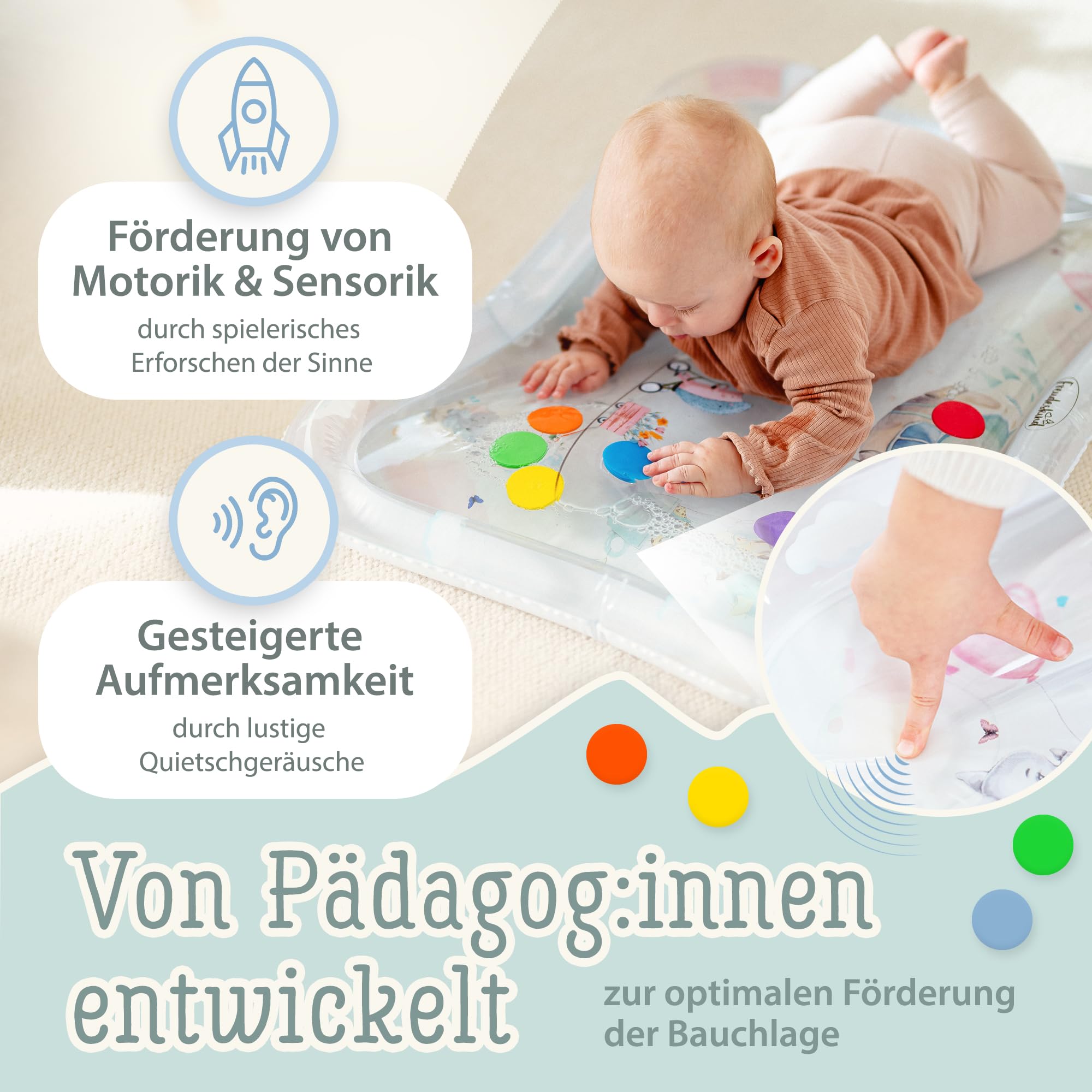 TummyTime Wassermatte XXL by Freudeskind, Baby Wasserspielmatte, 100% Phtalate- & BPA-frei ab 0, 3, 6, oder 9 bis 24 Monate, Sensorische Montessori Spielmatte, Babyspielzeug Bauchlage