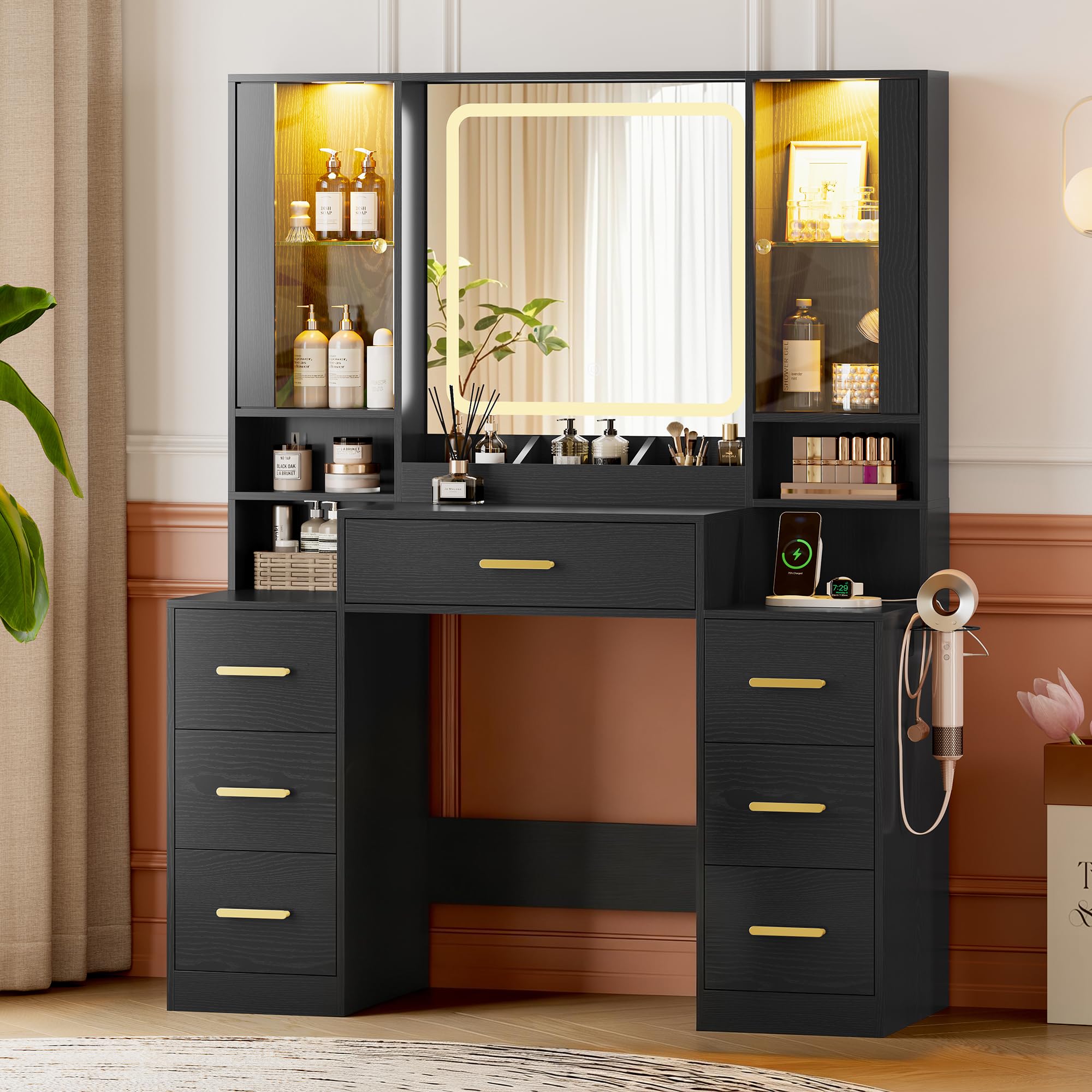 HUANLEGO Makeup Vanity Desk with Mirror and Lights, Black Vanity Mirror with Lights Desk and 7 Drawers & LED Glass Cabinet, Dressing Table Set with