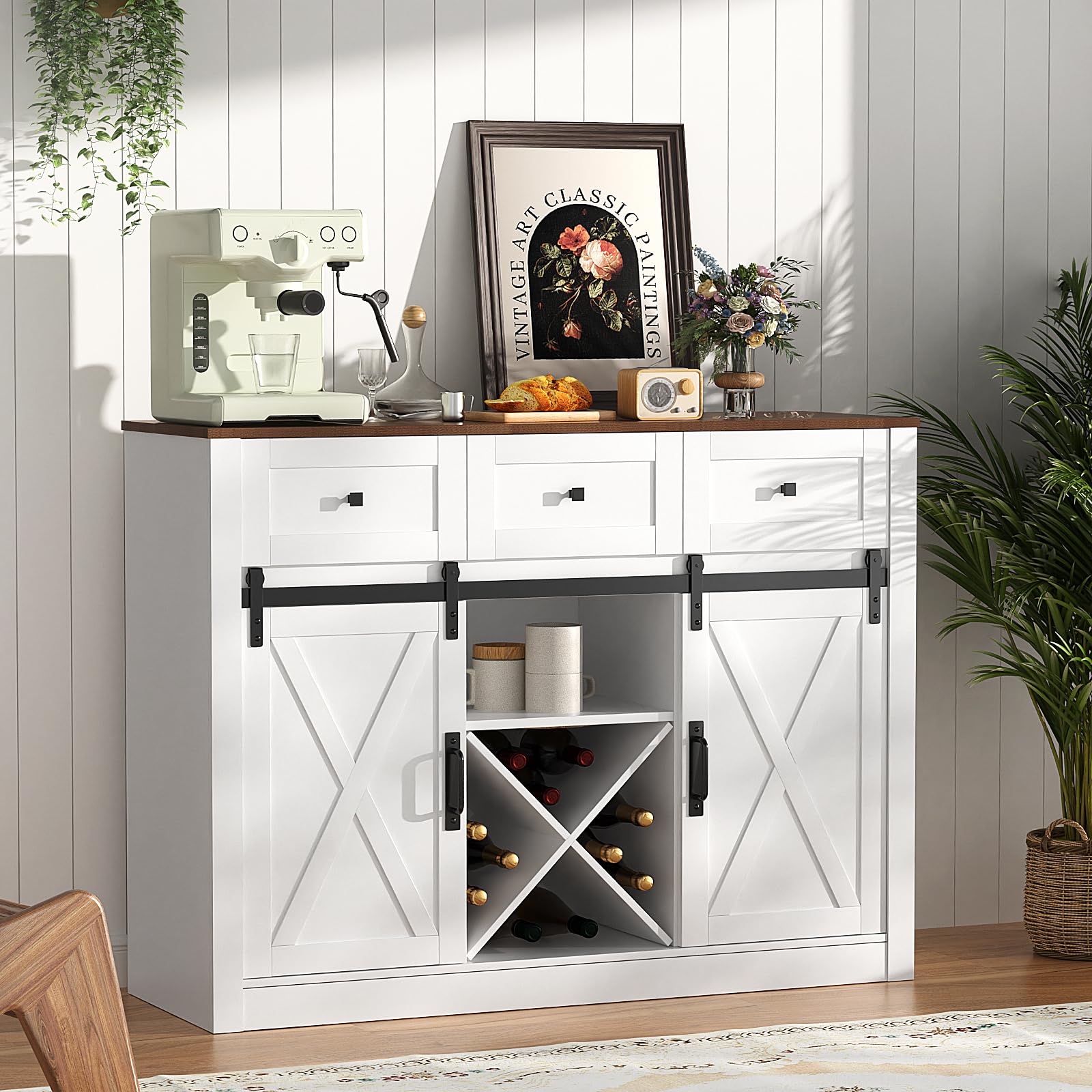 VOWNERBuffet Sideboard Cabinet with Storage, Farmhouse Coffee Bar Cabinet with Drawers and Sliding Barn Doors, Wood Buffet Table for Kitchen, Dining Room, Living Room, White