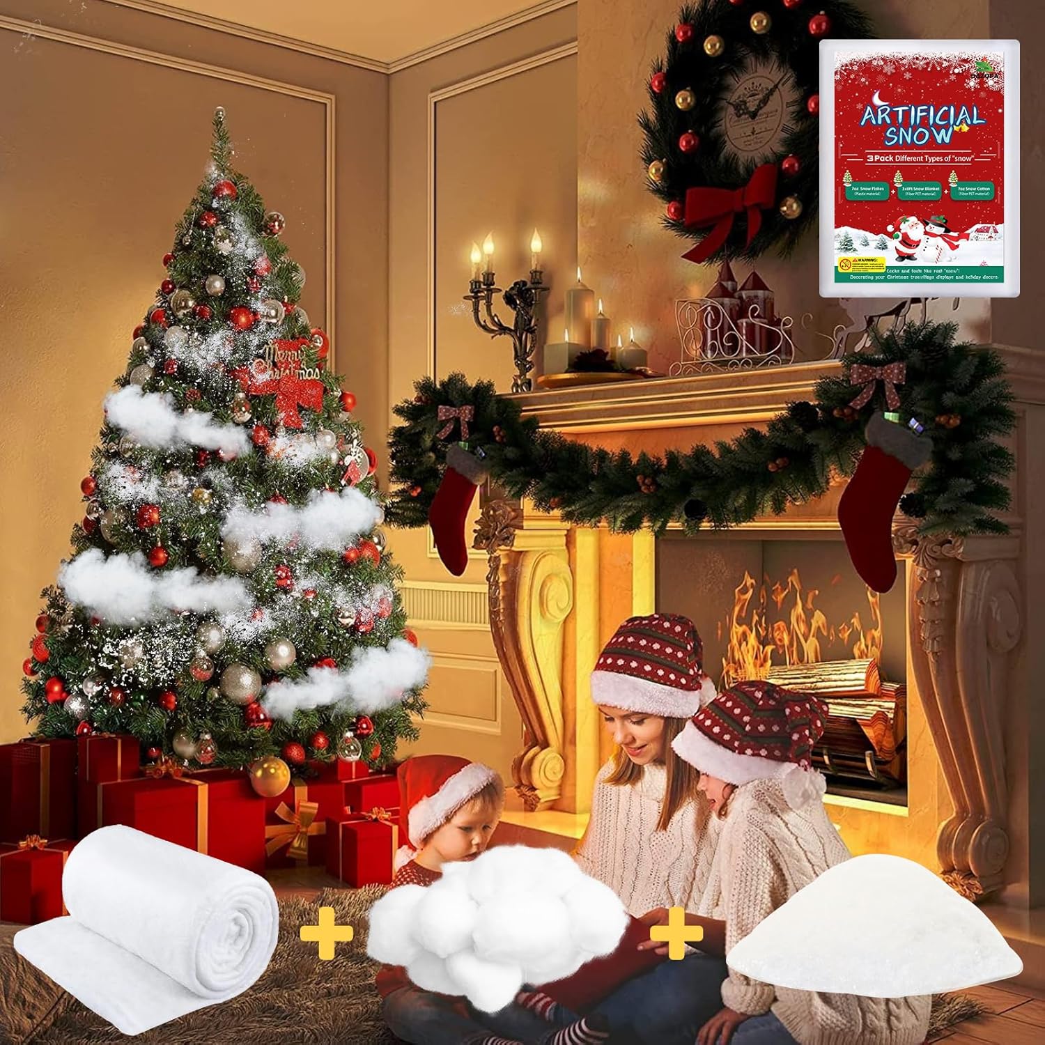 3 Pack Christmas Fake Snow Set with Snow Blanket/Snow Cotton/Artificial Dry Snow Snowflakes Snow Decoration for Crafts Christmas Village Xmas Tree and Table Decor Winter Holiday Displays