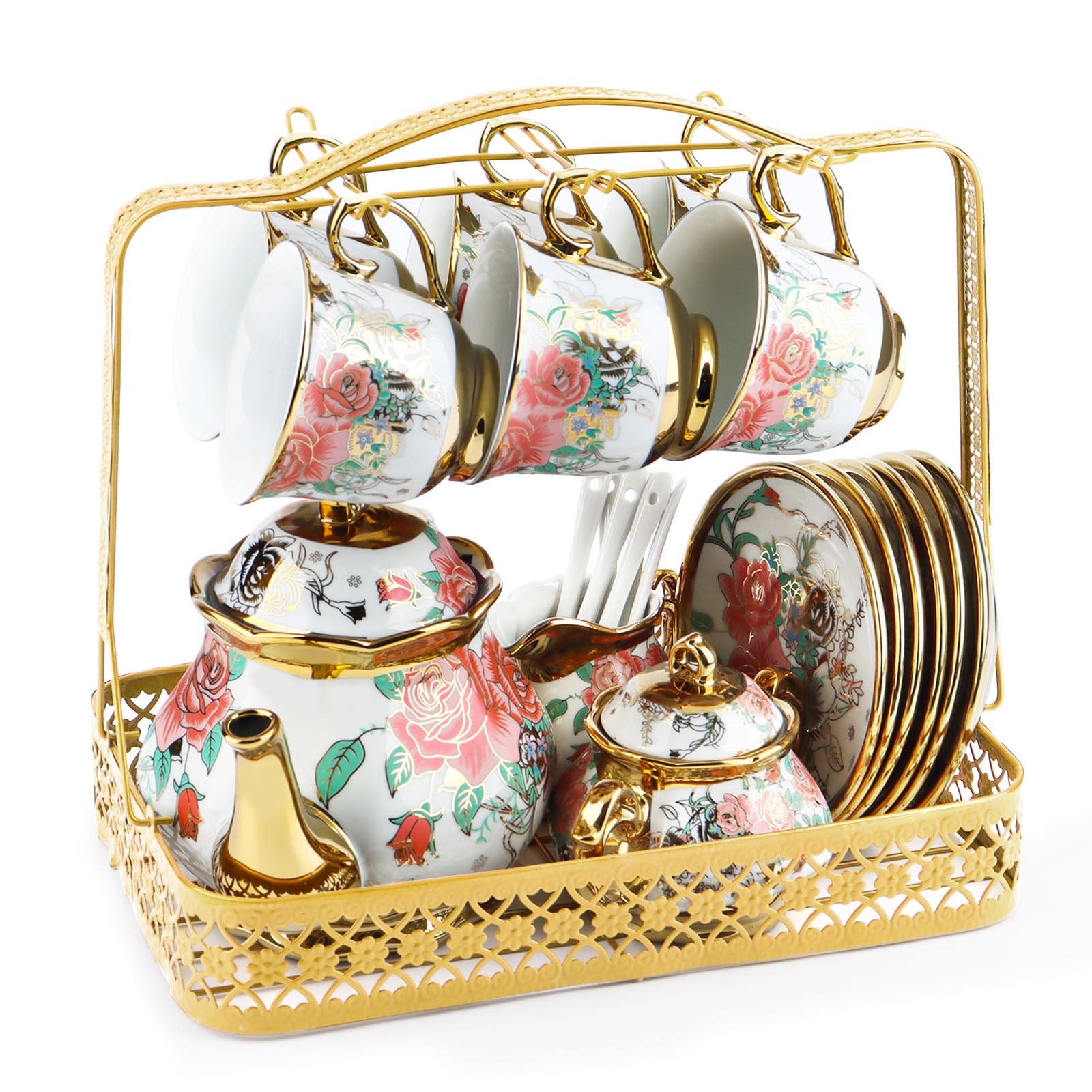 22Pcs Vintage Tea Set for Adults - European Style Porcelain Bone China Afternoon Tea Sets with Teapot, Sugar Bowl, Milk Jug, 6 Cups & Saucers, Gold Floral Design, Complete Tea Service for Women, Party