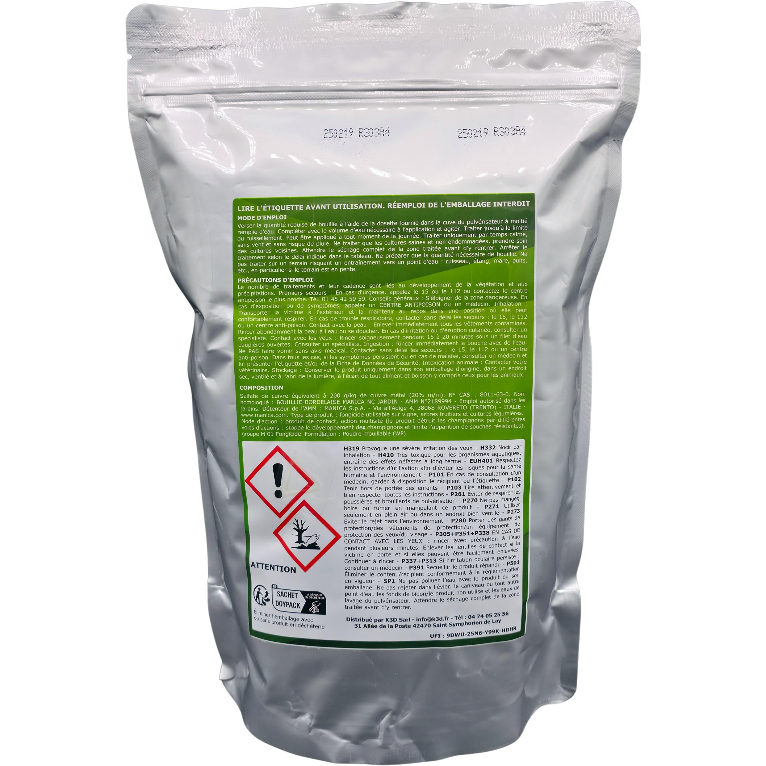 Solu'Bordelaise - 3 kg de Bouillie Bordelaise - Mildiou de la Vigne - Utilisable Agriculture Biologique - 3 Sachets Refermable de 1 kg
