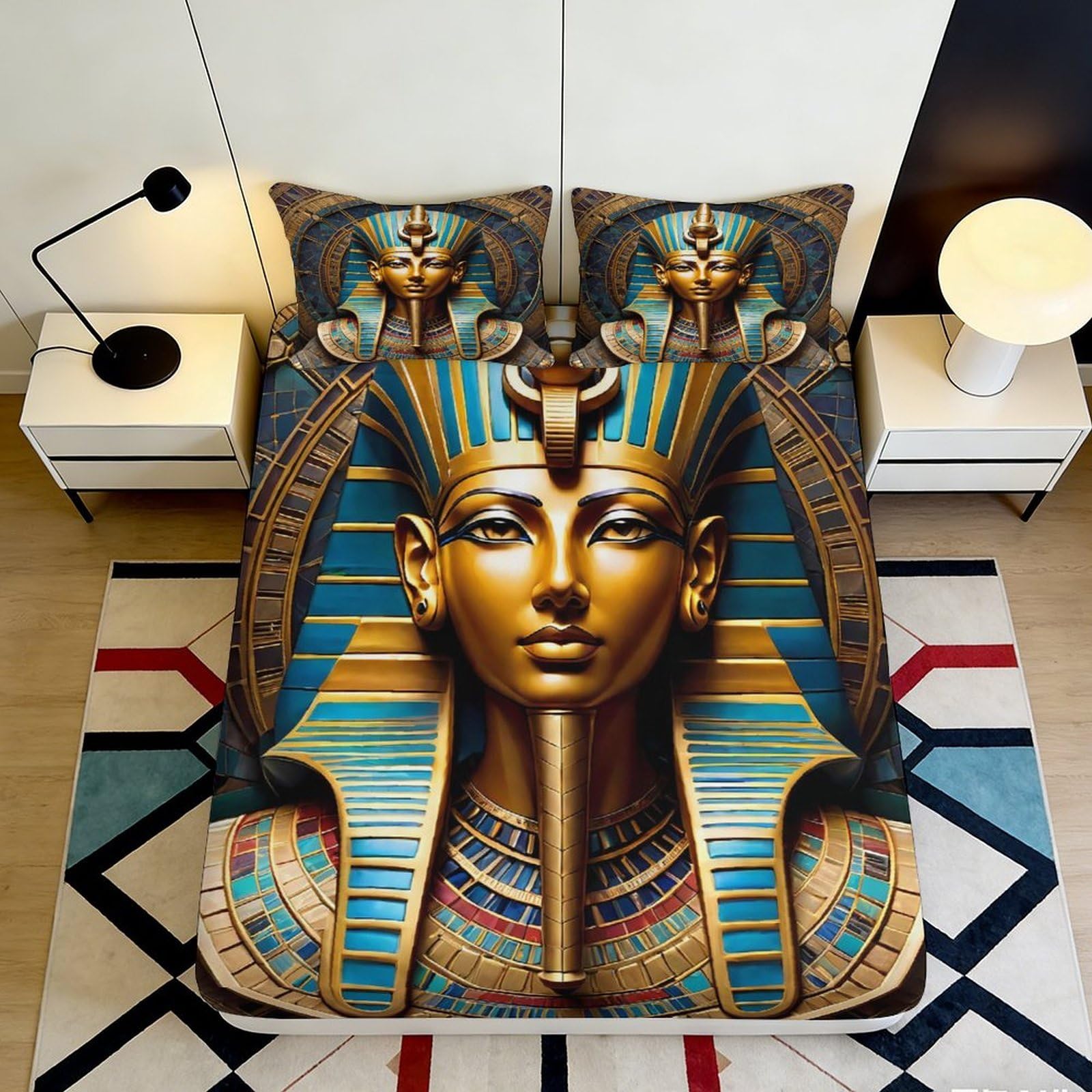 3D Printed Pharaoh Mask Fitted Sheet Microfiber Soft Gold Blue Egyptian Art Mattress Cover for Bedroom Guest Room 90x200x25cm