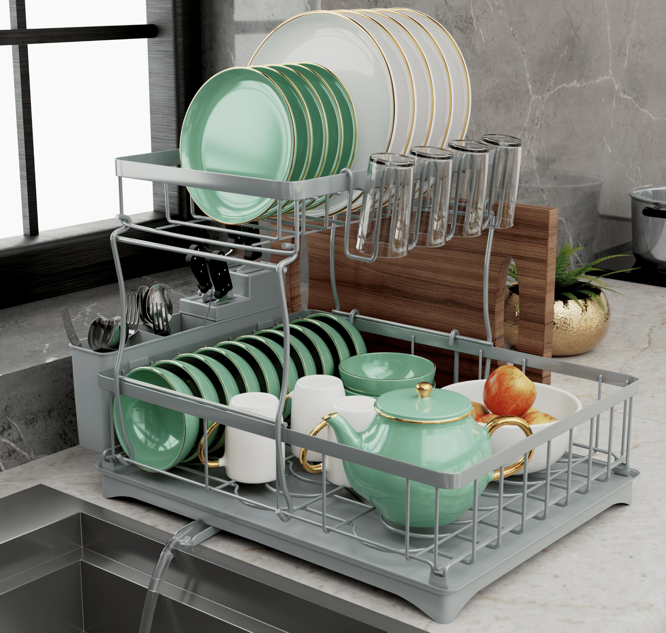 PRIME FEEL 2 Tier Dish Drainer Rack, Rustproof Dish Drying Rack for Kitchen Countertop, Draining Board Rack with Drip Tray, Cutlery Drainer, Glass Holder & Chopping Board Rack, (Grey)