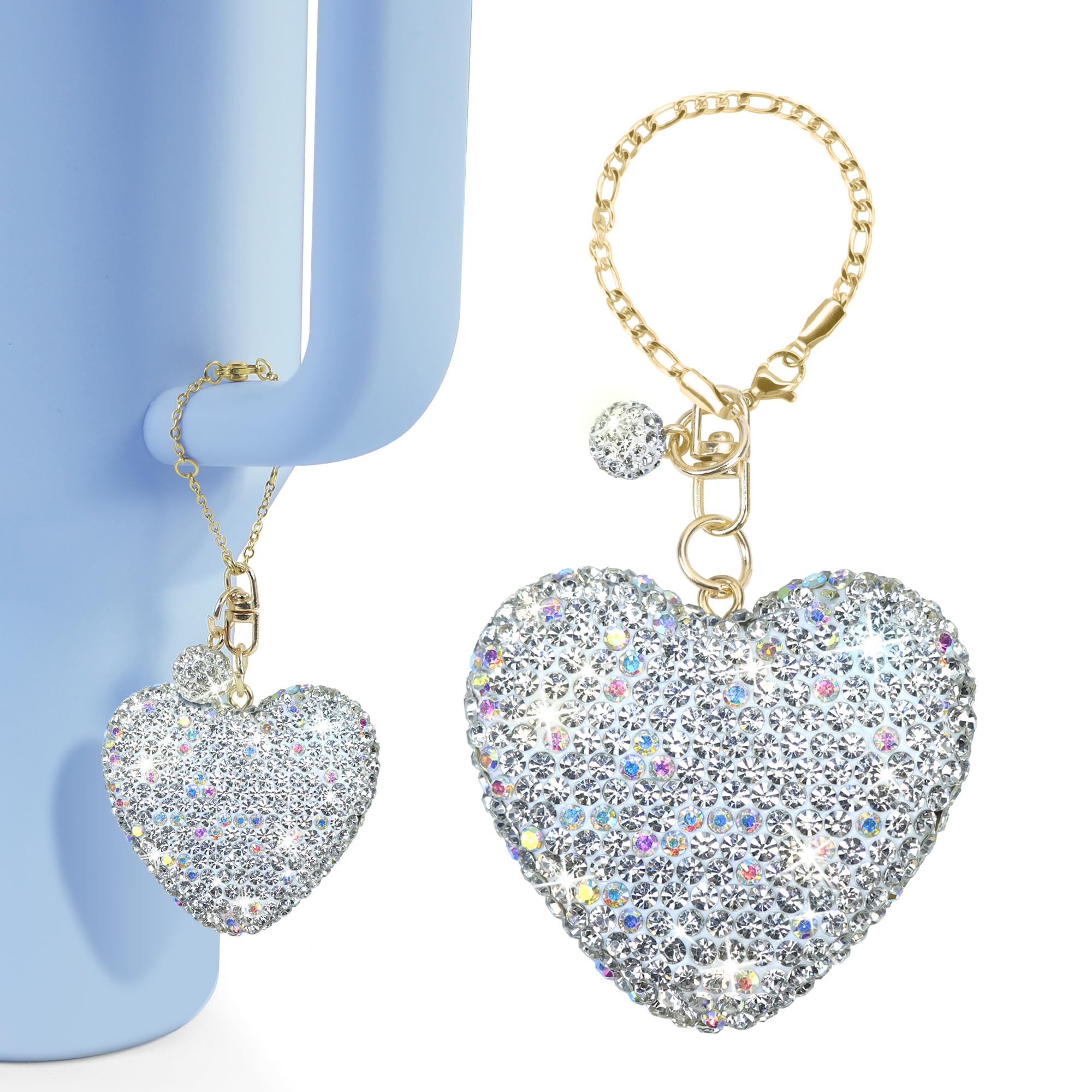 Mokoart Glitter Heart Shape Charm Accessories for Stanley Cup, Water Bottle Chain for Stanley/Simple Modern Tumbler with Handle, Bling Cute Love Heart Charms for Stanley Cup Accessories (White)