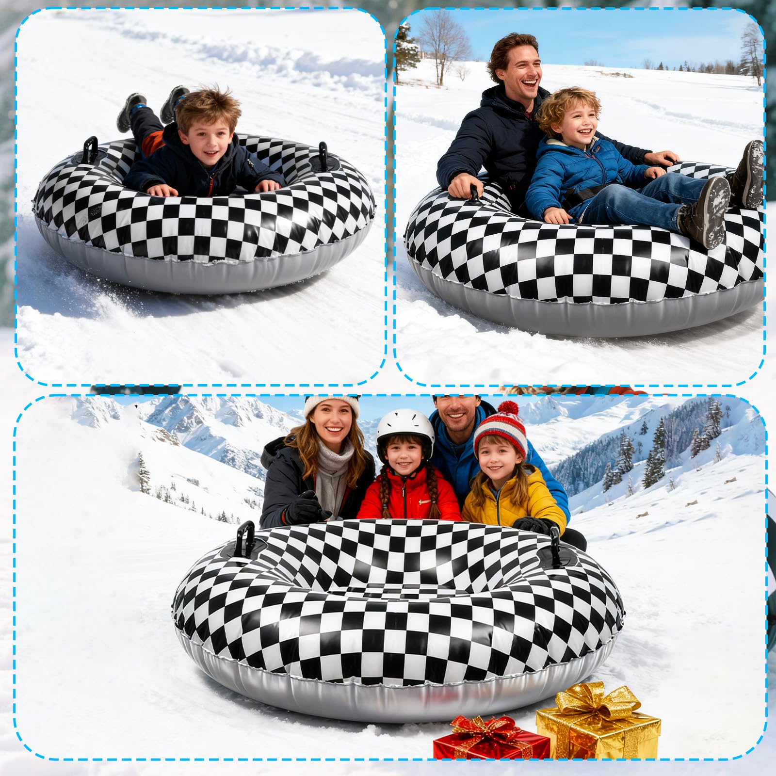 Bandera a Cuadros Blanca y Negra 101cm PVC Resistente al Frío Trineo de Nieve Inflable con Asas Elevadas