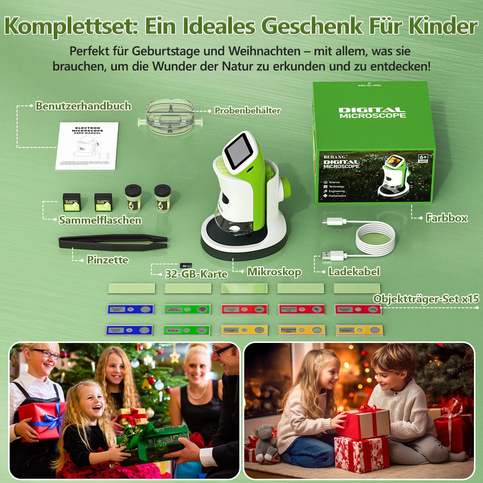 Kinder-Handmikroskop Mini 1000X Digitales Taschenmikroskop 2 Zoll 4K Bildschirm STEM Spielzeug Geschenk Kinder 6-12 Jahre inkl. Dias-Set 32GB Speicherkarte