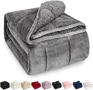 Wemore Sherpa Fleece Weighted Blanket for Adult, 15 lbs Dual Sided Cozy Fluffy Heavy Blanket, Ultra Fuzzy Throw Blanket with Soft Plush Flannel Top, 48 x 72 inches, Grey on Both Sides