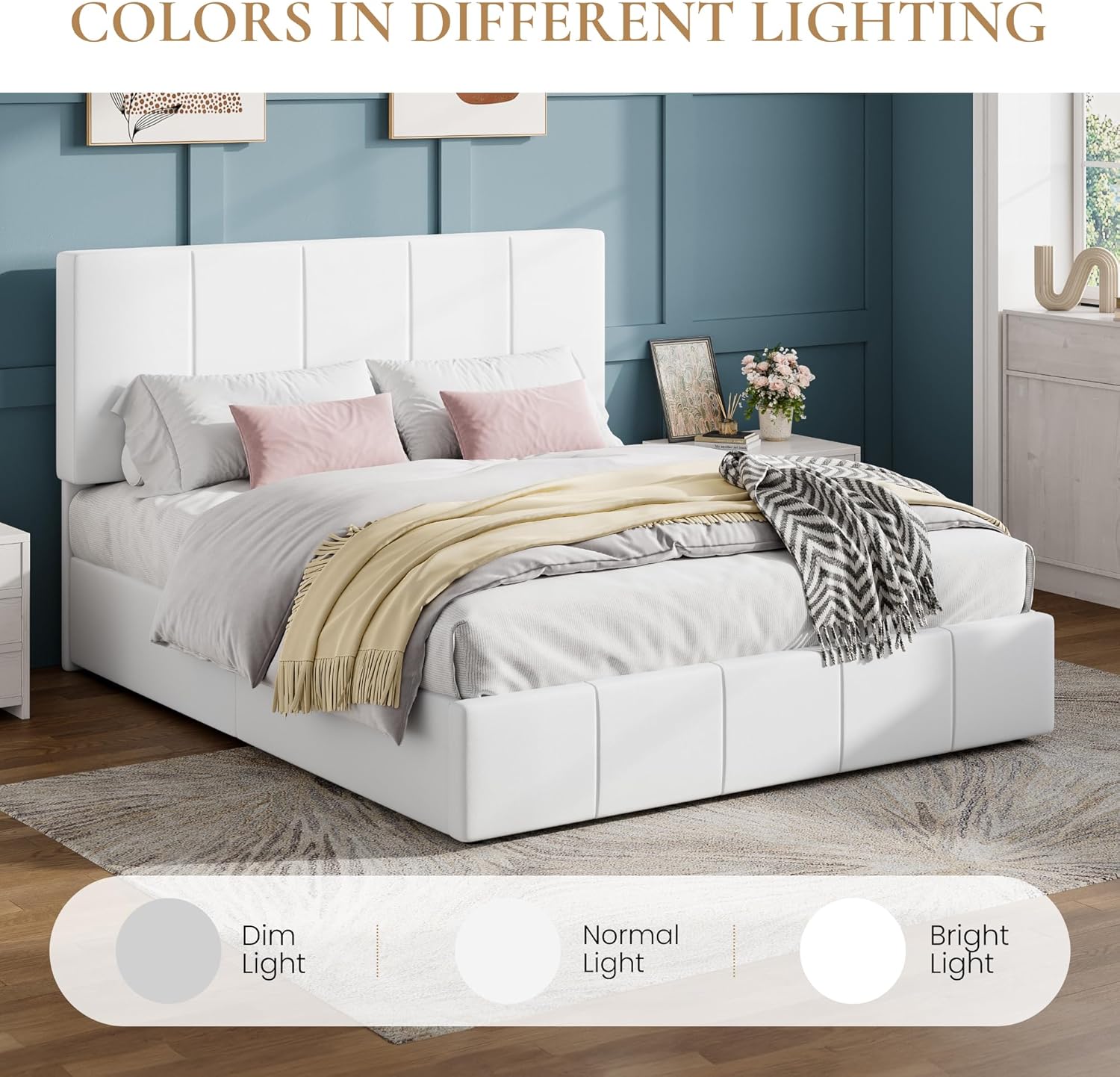 SHA CERLIN Full Size Bed Frame, Velvet Upholstered Platform Bed, Vertical Channel Tufted Adjustable Headboard, Low Profile Bed Frame, No Box Spring Needed, Easy Assembly, White - Image 8