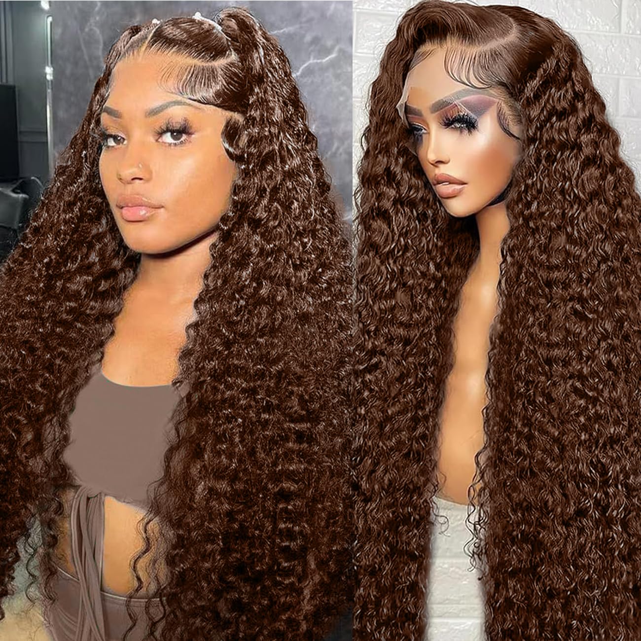 Bworto 30 Inch Chocolate Brown Deep Wave Lace Front Wigs Human Hair 13x6 Hd Curly Lace Frontal Wigs for Black Women Pre Plucked Wet and Wavy Glueless 4# Brown Color