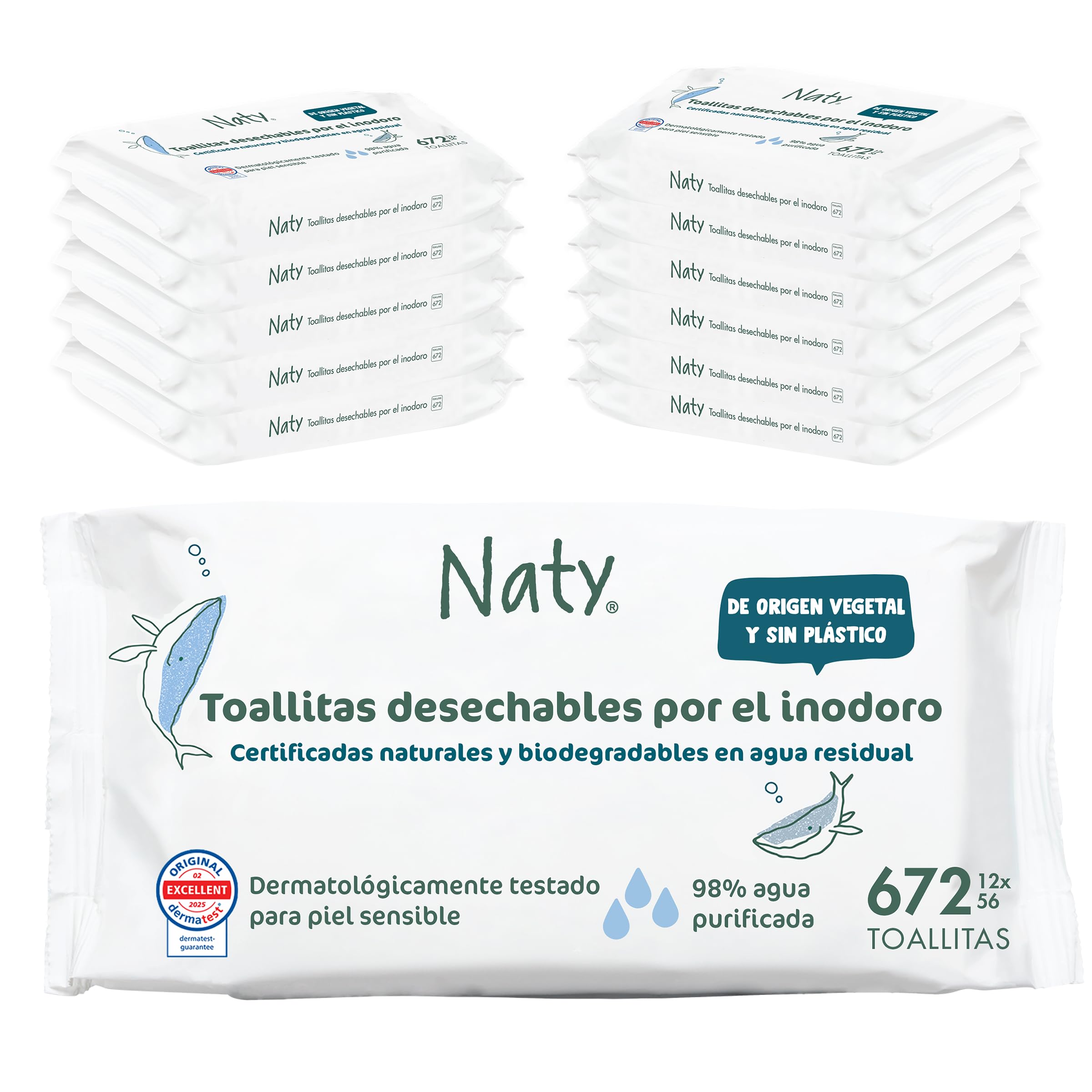 Naty Toallitas húmedas para WC | 98% Agua, Hipoalergénicas y Naturales para Piel Sensible | Sin Perfume, de Origen Vegetal | Suaves para Recién Nacidos y Bebés | 672 unidades (12 paquetes)