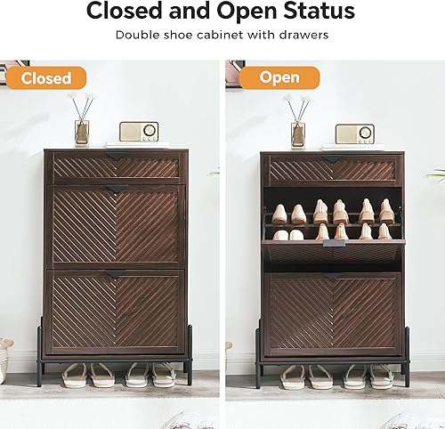 Vista 21 de HUSHEDIFY Armario de almacenamiento para zapatos con 2 cajones abatibles, organizador de zapatos estrecho oculto para entrada, zapatero delgado