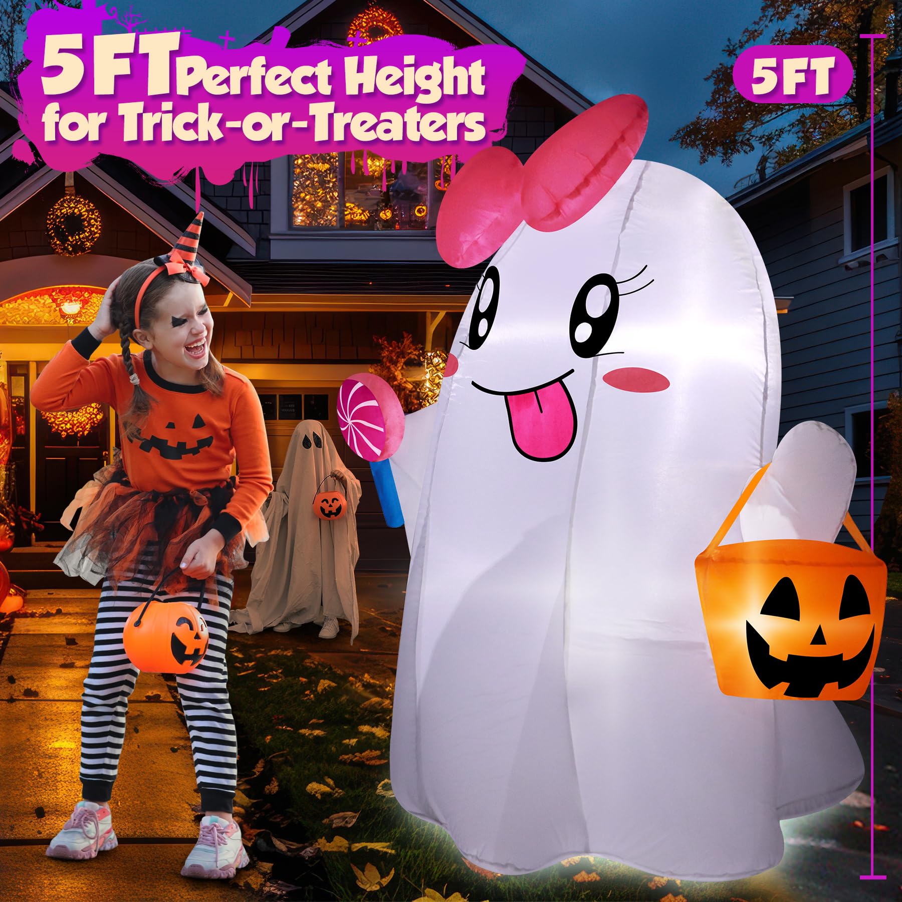 zukakii 5FT Halloween Inflatables Ghost, Cute Halloween Decorations Outdoor Blow Up Yard Decorations with Built-in Bright LED Lights Pumpkin Lollipop Bow Blow-ups for Indoor Outdoor Holiday Party