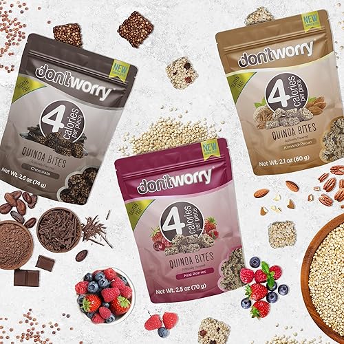 Miniatura 5 de Don't Worry Quinoa Bites  Paquete de 6  Chocolate  Snacks sin gluten, ricos en fibra y proteínas  Snacks Keto  Snacks saludables solo 4 calorías