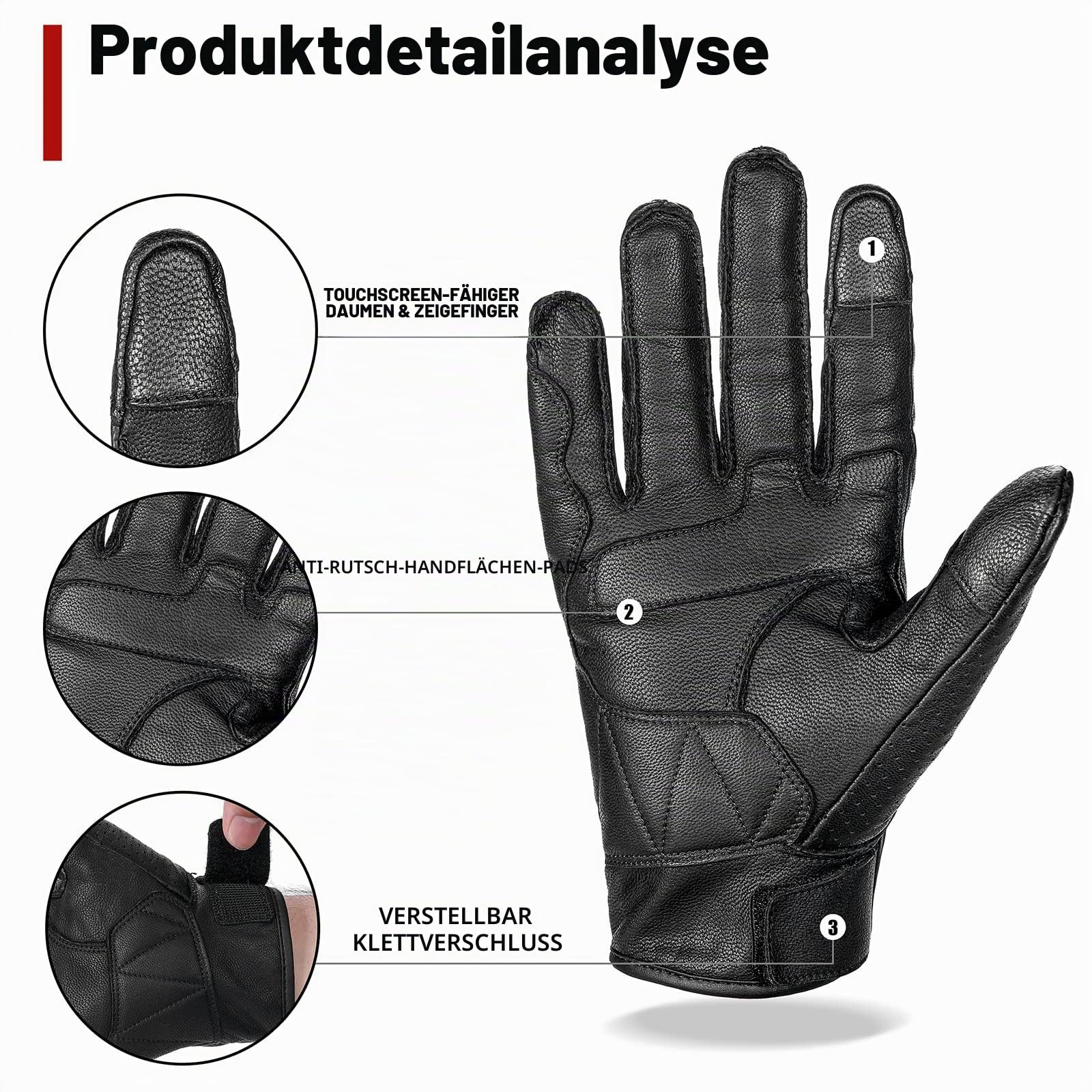 BORLENI Motorradhandschuhe Leder Herren Echtes Leder Ziegenleder Mesh Soft Protector Touchpanel Kompatibel Frühling Sommer Herbst Schwarz M/L/XL/XXL