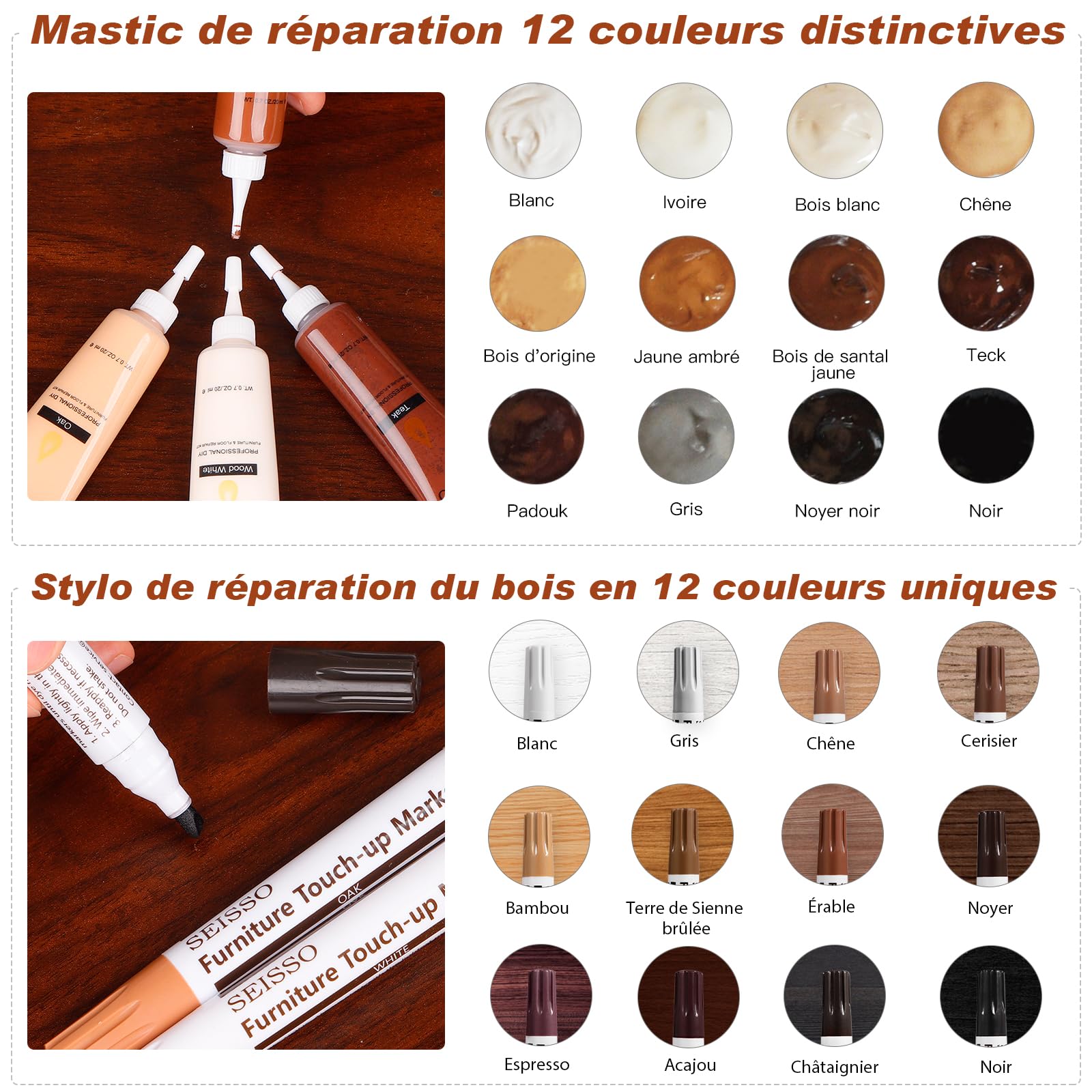 SEISSO Kit De Réparation De Meubles En Bois 39 Pièces, Pâte De Réparation De Mastic À Bois, Marqueurs De Retouche, Mastic À Bois Blanc, Huile De Cire, Pour Les Meubles En Bois, Les Planchers