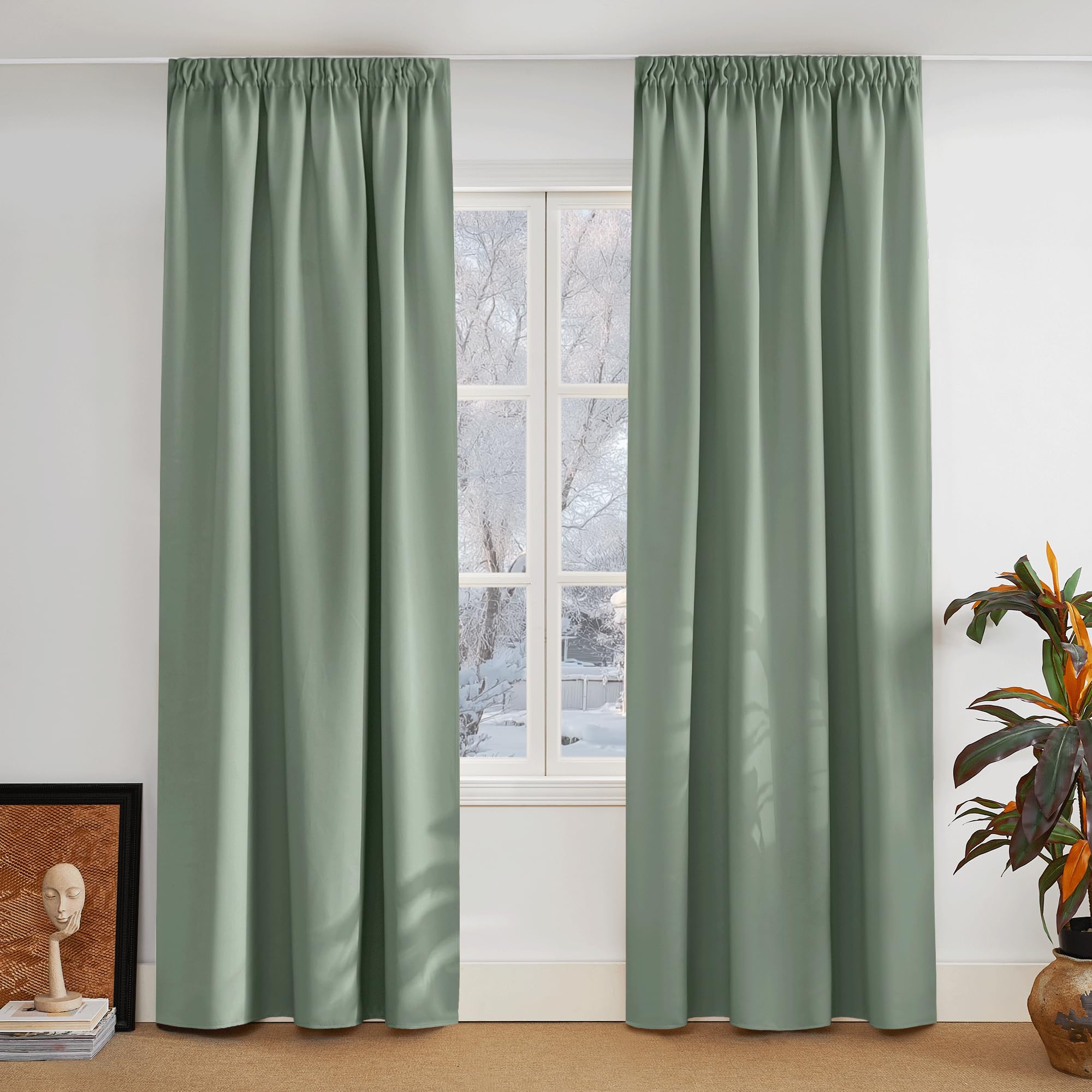 PONY DANCE Tenda Camera da Letto Oscurante Tende Termiche Isolanti per Interni con Fettuccia Decorazione Curtains per Salotto Eleganti 2 Pezzi 140x200 CM, Verde Salvia