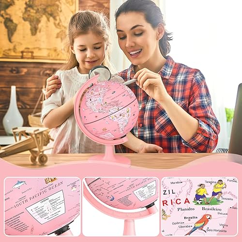 Miniatura 33 de Globo iluminado de 8 pulgadas con animales y puntos de referencia, globo mundial educativo para niños Mapa político de la Tierra, globos