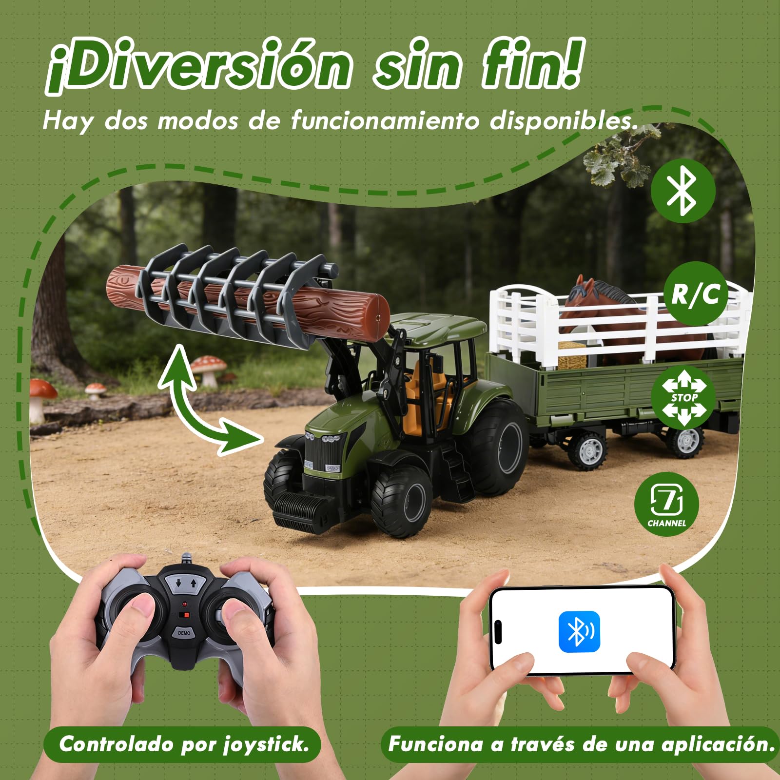 Tractor Teledirigido para Niños, Set de Tractor RC, 2.4GHz Mando a Distancia & App, 5X Arte Delantera del Vehículo, Caballo, Barril de Vino, Pajar, Juguete Agrícola para Niños 3 4 5 6 7 Años