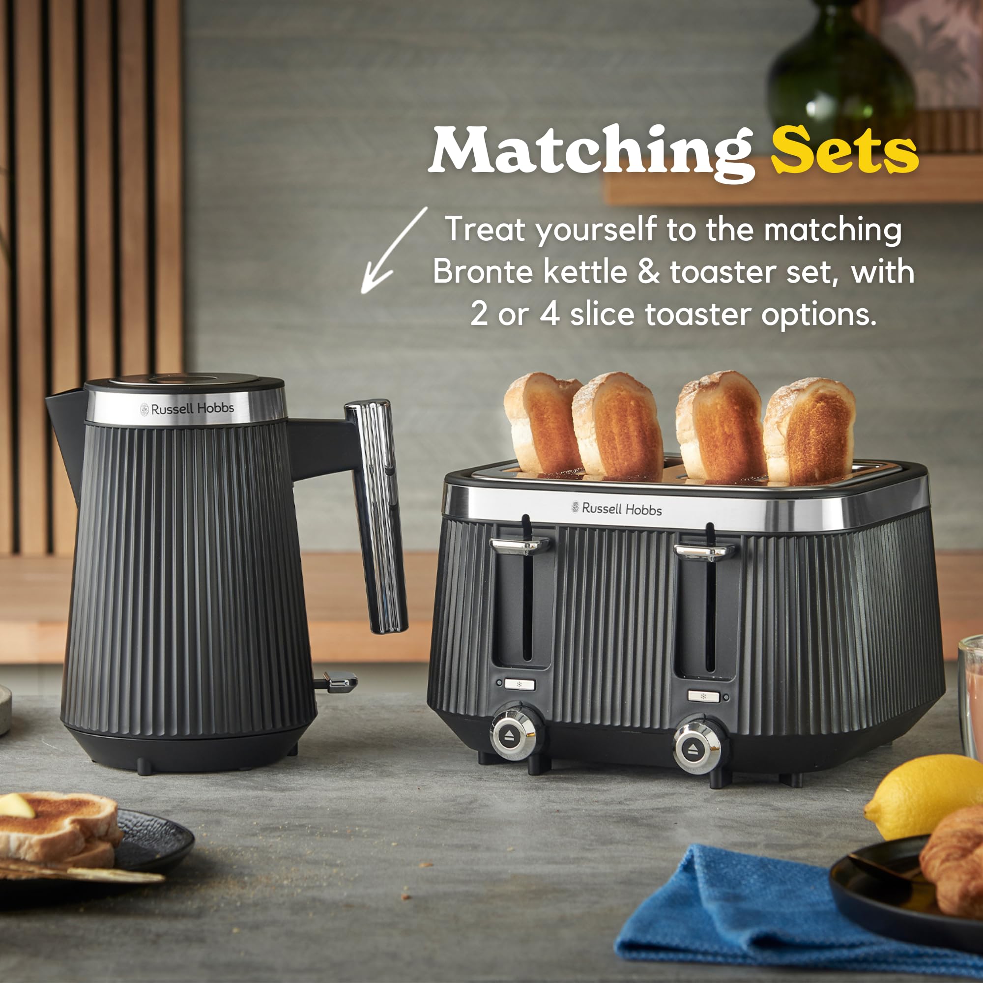 Russell Hobbs Tostadora de 4 rebanadas [1960 W, función de congelación/cancelación/recalentamiento con luz indicadora] Brontë (ranuras extra anchas, 6 niveles de marrón, función de elevación y aspecto
