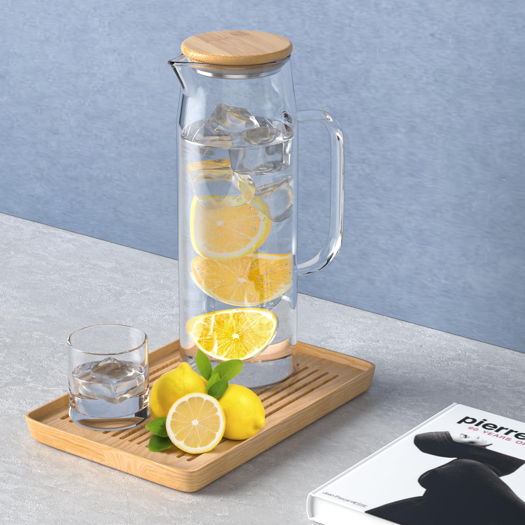 3 juegos de jarra de vidrio con tapa, jarra de agua de 50 onzas / 1500 ml con asas para bebidas frías y calientes (tapa de bambú)