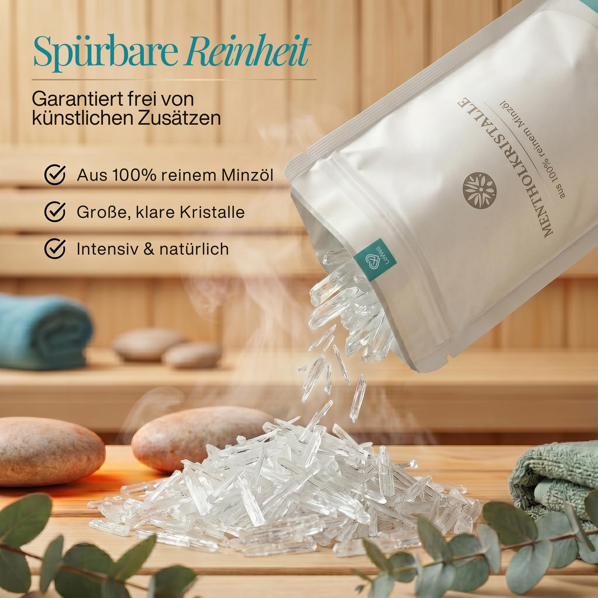 LoWell® 100g Cristales de mentol 100% menta pura - Ideal como infusión para sauna - Bolsas recerrables - Mentol