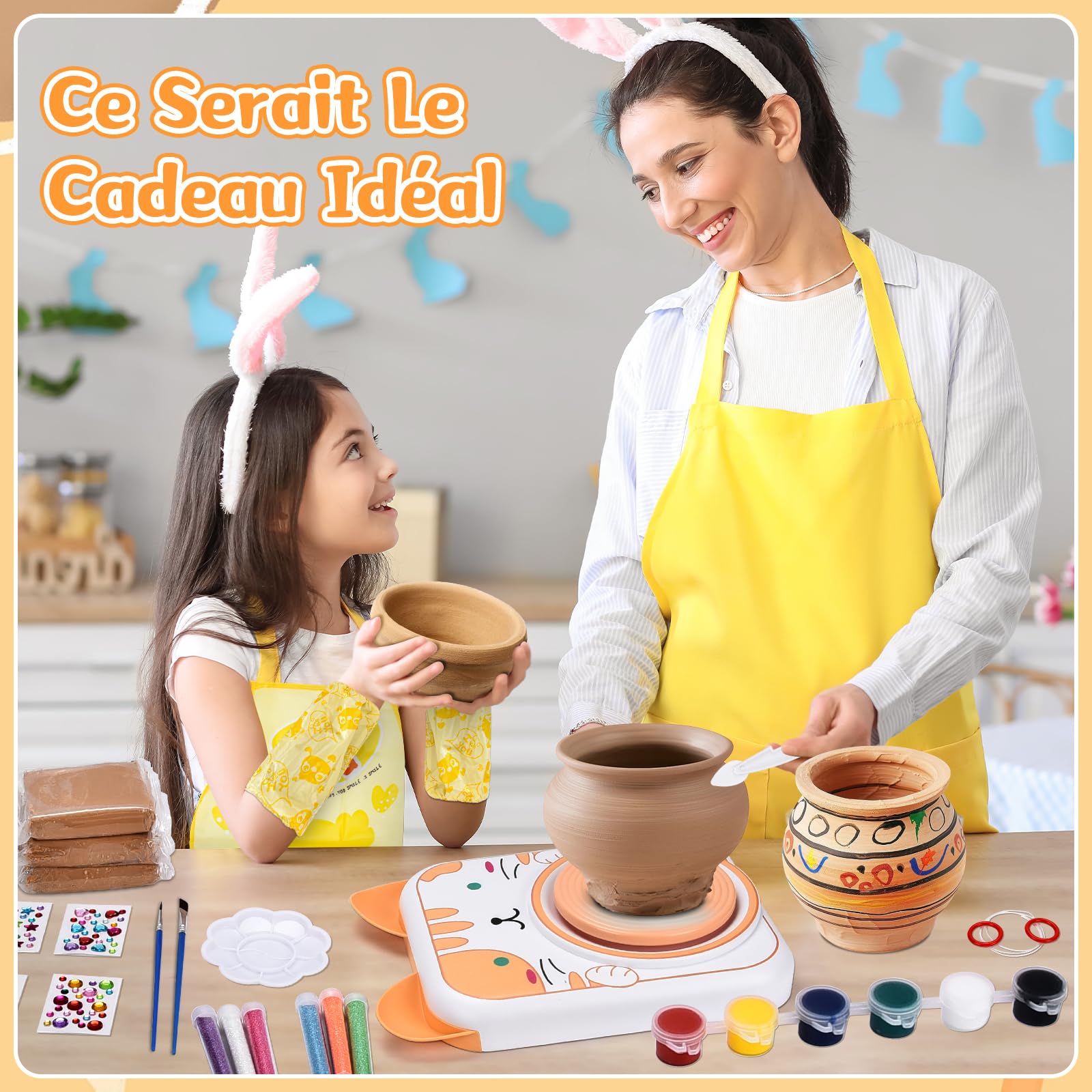 IEEILULU Kit de Poterie pour Enfants, Tour de Poterie Électrique, Kit Poterie Machine avec Argile de Poterie, Couleurs, Kit de Poterie Activité Manuelle pour Débutants (Chat)